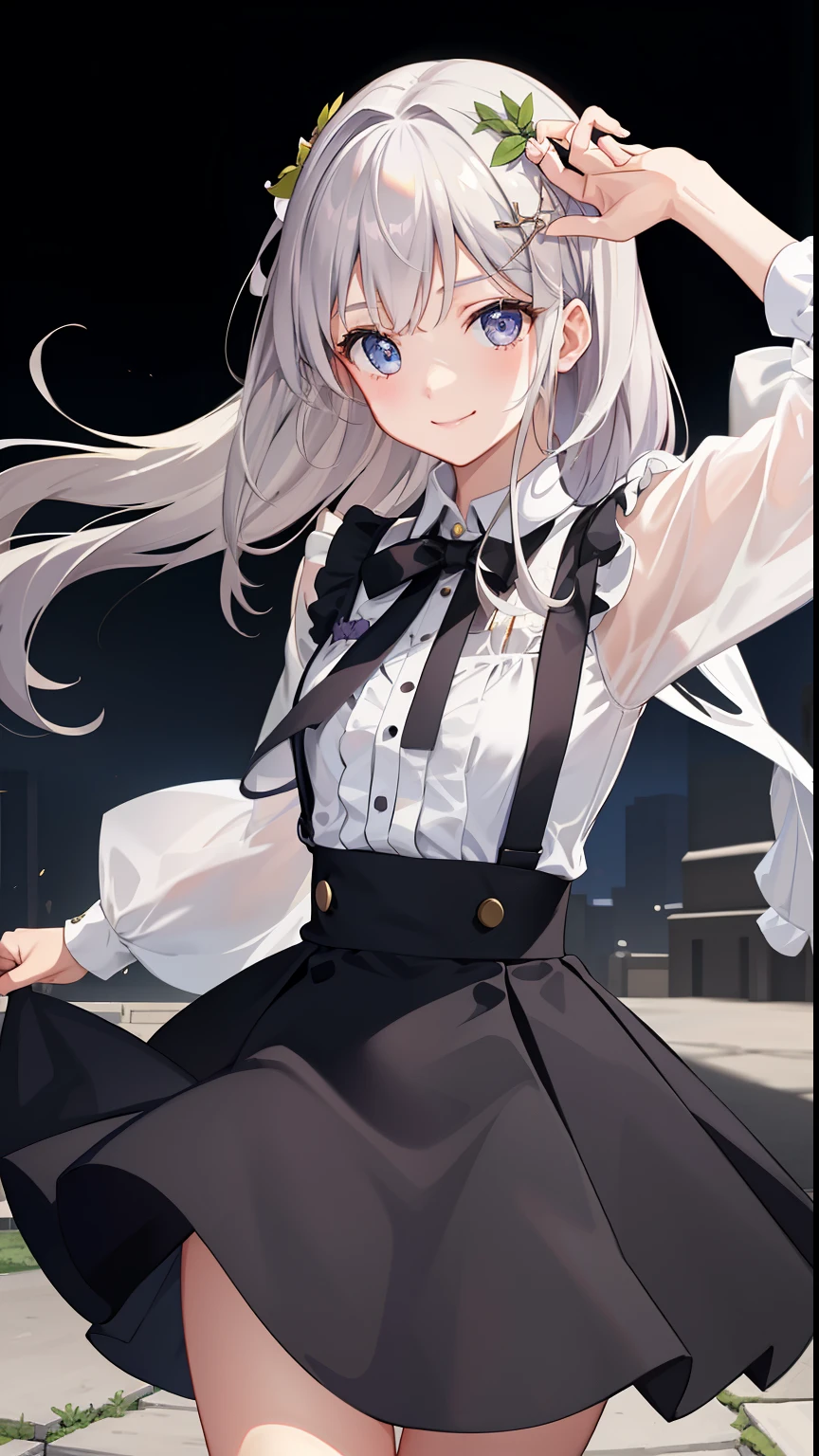 1girl in、A smile、Light in the eyes、The shirt、Blouse、skirt by the、pinafore、hair ornament costume）、（small tits）Chilarism、movement、Upper body portrait、