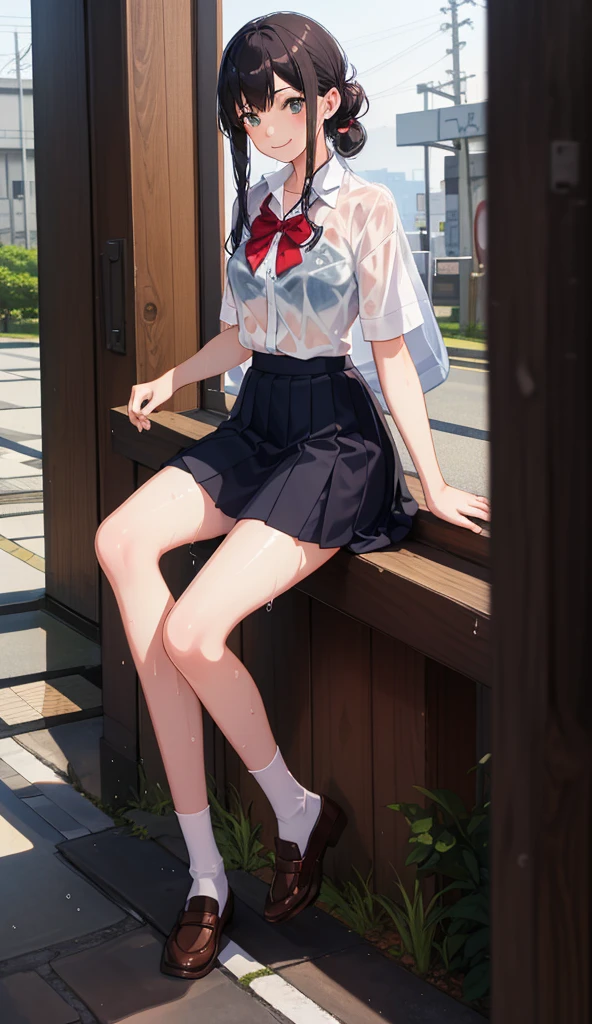 1 girl, smile, shirt, skirt, (small) chiralism, Japan high school school uniform, seravuk, summer clothes, squall-wet uniform, sheer bra, (portrait from knee up),