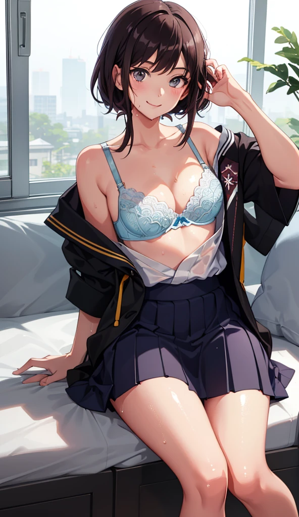 1 girl, smile, shirt, skirt, (small) chiralism, Japan high school school uniform, seravuk, summer clothes, squall-wet uniform, sheer bra, (portrait from knee up),