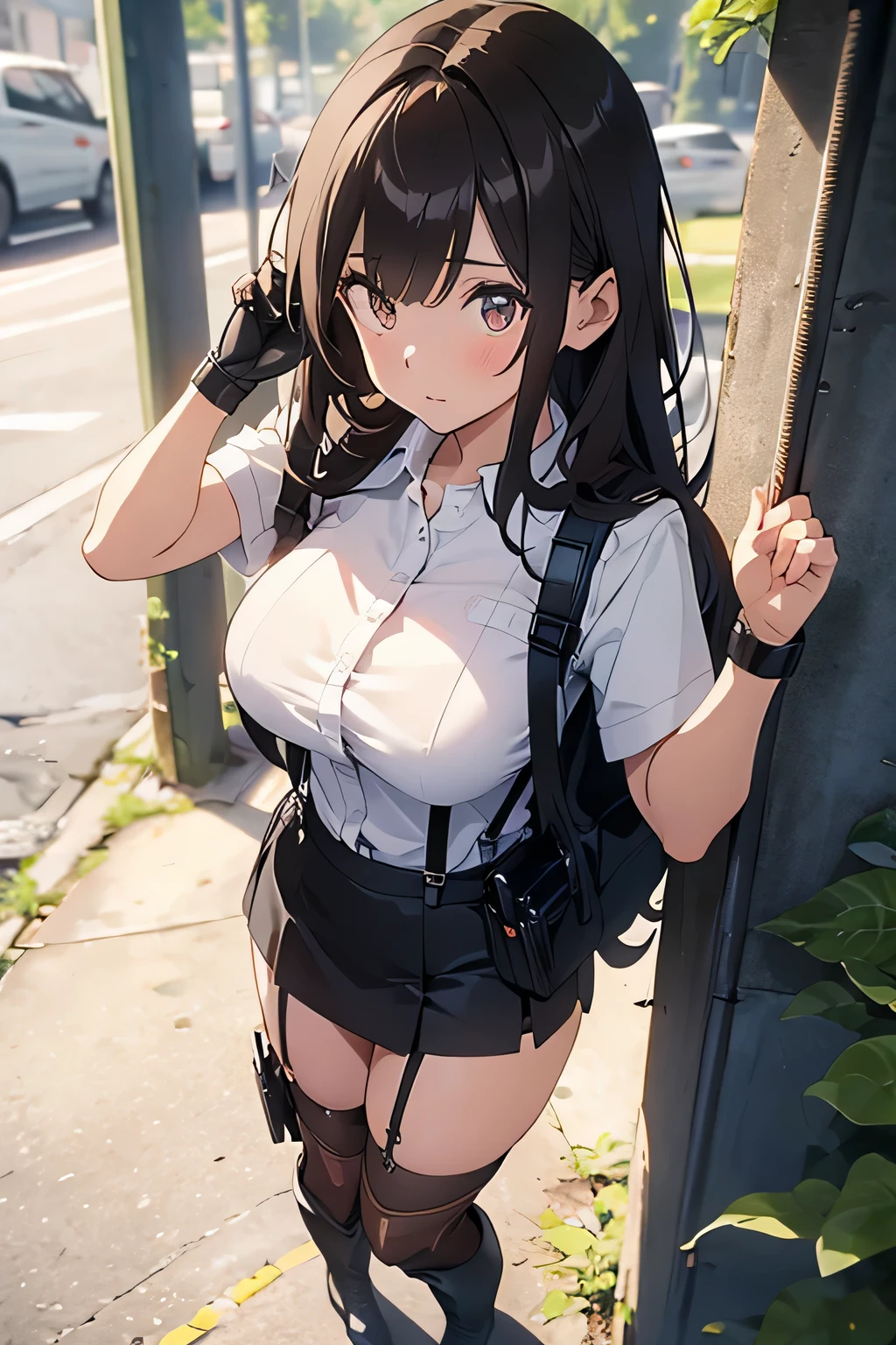 Brown hair、watching at viewers black suspenders bulging big tits walls: Black miniskirt garters Gaze a small face bangss holster Beautuful Women Hands up レッグholster ベッドに横たわる Gaze black boots panty shot Provocation flank flank汗 Single hand gloves arms are