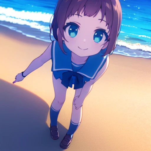 Sailor uniform, flat chests, smiling, beach, shoes