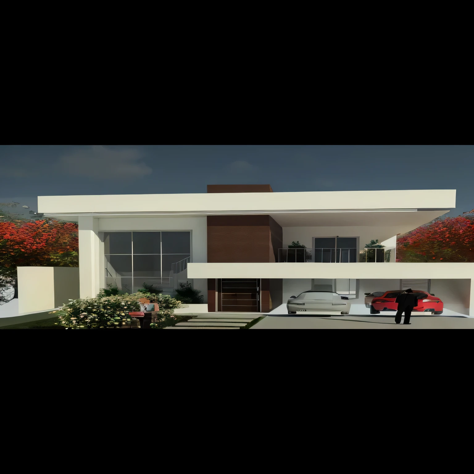 arafed view of a casa moderna with a red car parked in front, Casa Conceito, design exterior, renderizado, renderizar 3 d, casa moderna, casa contemporanea, projeto residencial, architectural render, 3 d renderizado, 3d renderizado, Directed by: Willian Murai, lumion rendering, architectural 3 d render, conceitual, casa completa, front view dramatic