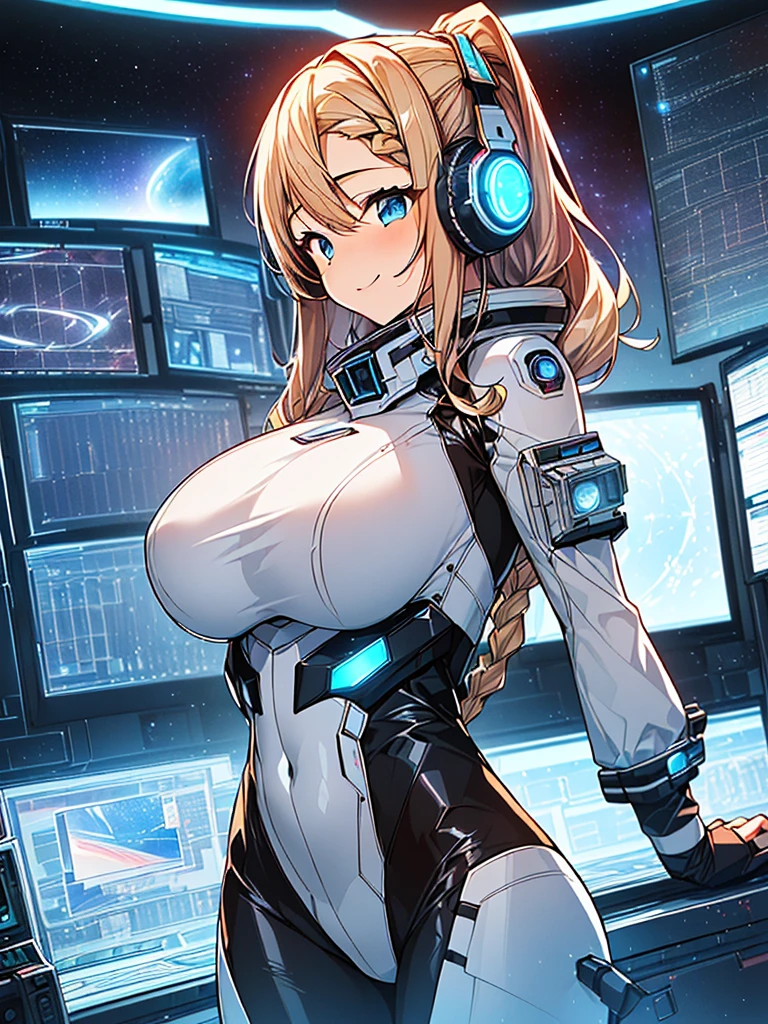 ​masterpiece:1.4, 1girl in ((20yr old, Wearing a tight, futuristic metallic white bodysuit,long boots, huge-breasted, blonde  hair, long,Braided hair,marguerite&#39;Hairstyles, Perfect model body, Blue eyes:1.4, Wearing headphones, Flirting, Happy,  Looking out the window of the futuristic sci-fi space station、While admiring the beautiful galaxy:1.2, SFSF control room on night background:1.1, Neon and energetic atmosphere:1.2)) ((Galaxy)) ((Solo:1.6))