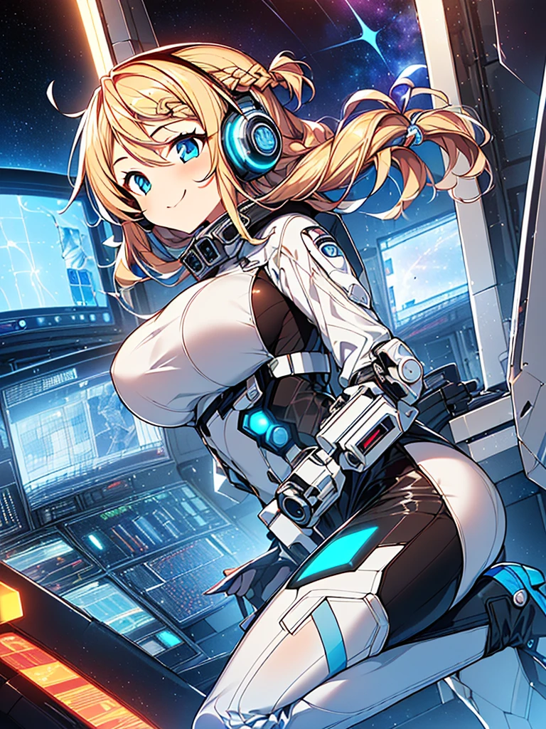 masterpiece:1.4, 1girl in ((20yr old, Wearing a tight, futuristic metallic white bodysuit,long boots, huge-breasted, blonde hair, long,Braided hair,marguerite'Hairstyles, Perfect model body, Blue eyes:1.4, Wearing headphones, Flirting, Happy, Looking out the window of the futuristic sci-fi space station、While admiring the beautiful galaxy:1.2, SFSF control room on night background:1.1, Neon and energetic atmosphere:1.2)) ((Galaxy)) ((Solo:1.6))