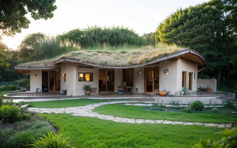 A photograph of a symmetrical contemporary organic house with clay plaster, building resembling a rotten, there is a buttress in the shape of a nose, a window resembling an eye, a hair-like green roof, modern bioconstruction style house, cobhouse, natural homes, ecofriendly, with (((one hyperbolic paraboloid green roof))) and (((biological pool))) and (((base wall rock foundation))) in a tropical backyard, high roof and long eaves, mustard yellow terracota plaster walls (((rustic clay stucco))), ((corner walls rounded)), ((rustic clay plaster)), (((terracotta walls with rounded corners, organic curves))), (((rustic earth plaster, mud))), (((hyperbolic-shaped green roof with wooden edge))), (((wooden roof structure, wooden rake, wooden fascia board))), eaves, ((roof with wooden structure)), In Bahia (((tropical garden))), ((natural houses, organic buildings, organic architecture)), ecovillage, sustainable architecture, bioconstruction architecture, solarpunk architecture, (((grass roof, green roof, green wave roof, rounded roof, vegetated roofs))), (((rock base foundation wall, foundation height 30cm, stone base wall 30cm high))), ((green architecture)), passive house, clear sky in the background, painful beauty, modern, imposing, green house, ((Bali hobbit Hadid Style)), super resolution, cinematic, color grading, editorial photography, photography, photo shoot, (((dramatic front eye top angle view))), O 50mm, depth of field, intricate details, natural colors, sharp focus, warm light, shutter speed 1/1000, F/22, White Balance, Ray Trace Reflections, Lumen Reflections, Screen Space Reflections, Diffraction Rating, Chromatic Aberration, GB Shift, Partial Lighting, Backlighting, Daylighting, Scan Lines, ambient occlusion, antialiasing, shaders, OpenGL-Shaders, GLSL-Shaders, Post-processing, post-production, shading, tone mapping, incredibly detailed and complex, hypermaximalist, elegant, hyperrealistic, super detailed, dynamic pose, Fujifilm XT
