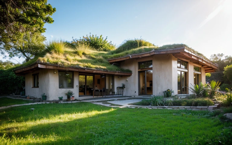 A photograph of a symmetrical contemporary organic house with clay plaster, building resembling a rotten, there is a buttress in the shape of a nose, a window resembling an eye, a hair-like green roof, modern bioconstruction style house, cobhouse, natural homes, ecofriendly, with (((one hyperbolic paraboloid green roof))) and (((biological pool))) and (((base wall rock foundation))) in a tropical backyard, high roof and long eaves, mustard yellow terracota plaster walls (((rustic clay stucco))), ((corner walls rounded)), ((rustic clay plaster)), (((terracotta walls with rounded corners, organic curves))), (((rustic earth plaster, mud))), (((hyperbolic-shaped green roof with wooden edge))), (((wooden roof structure, wooden rake, wooden fascia board))), eaves, ((roof with wooden structure)), In Bahia (((tropical garden))), ((natural houses, organic buildings, organic architecture)), ecovillage, sustainable architecture, bioconstruction architecture, solarpunk architecture, (((grass roof, green roof, green wave roof, rounded roof, vegetated roofs))), (((rock base foundation wall, foundation height 30cm, stone base wall 30cm high))), ((green architecture)), passive house, clear sky in the background, painful beauty, modern, imposing, green house, ((Bali hobbit Hadid Style)), super resolution, cinematic, color grading, editorial photography, photography, photo shoot, (((dramatic front eye top angle view))), O 50mm, depth of field, intricate details, natural colors, sharp focus, warm light, shutter speed 1/1000, F/22, White Balance, Ray Trace Reflections, Lumen Reflections, Screen Space Reflections, Diffraction Rating, Chromatic Aberration, GB Shift, Partial Lighting, Backlighting, Daylighting, Scan Lines, ambient occlusion, antialiasing, shaders, OpenGL-Shaders, GLSL-Shaders, Post-processing, post-production, shading, tone mapping, incredibly detailed and complex, hypermaximalist, elegant, hyperrealistic, super detailed, dynamic pose, Fujifilm XT