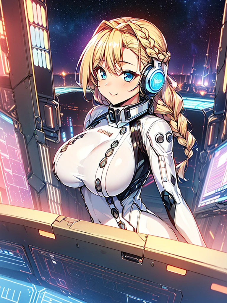 masterpiece:1.4, 1girl in ((20yr old, Wearing a tight, futuristic metallic white bodysuit,long boots, huge-breasted, blonde hair, long,Braided hair,marguerite'Hairstyles, Perfect model body, Blue eyes:1.4, Wearing headphones, Flirting, Happy, Looking out the window of the futuristic sci-fi space station、While admiring the beautiful galaxy:1.2, SFSF control room on night background:1.1, Neon and energetic atmosphere:1.2)) ((Galaxy)) ((Solo:1.6))