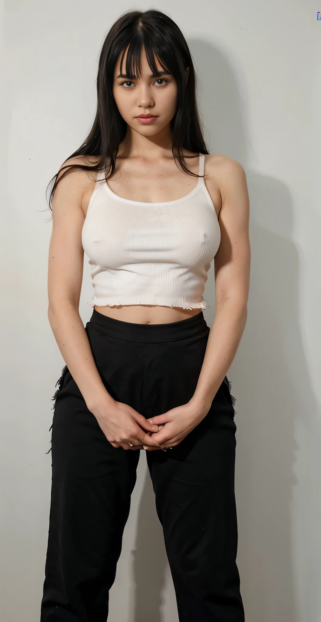 arafed woman in white tank top and black pants posing for a picture, 2 4 year old female model, round face long black hair with (((fringe on the left side))) attractive photo, full body pictures, full body picture, hand on hips, half body cropping, wearing white camisole, photo of slim girl, hands behind her body pose!, open v chest clothes