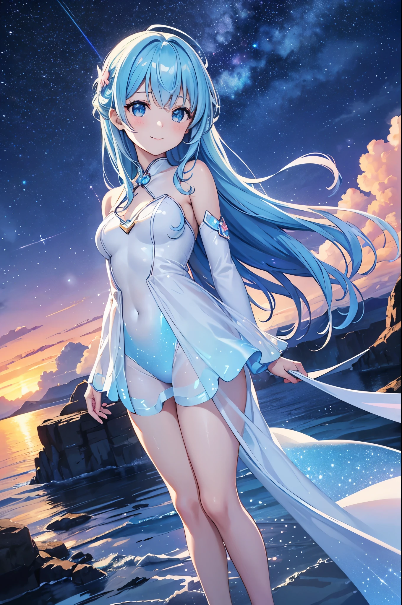 {{{masutepiece}}}, {{best qualtiy, An ultra-fine illustrations, beautifulanddelicatewater}}, {{very delicate light}}, {{Nature, Painting}}, {{Fine Lighting, More transparent stars, Very fine 8K PCG wallpaper}}, (plateau), Sunrise, randomly distributed clouds, cliff, ((Rotating starry sky)), Beautiful girl with long light blue hair with luminous particles、Twin-tailed、adorable smiling、facing front、Super Gloss Metallic Coral Rainbow Transparent Holographic Suit:1.2),Pink and white costume