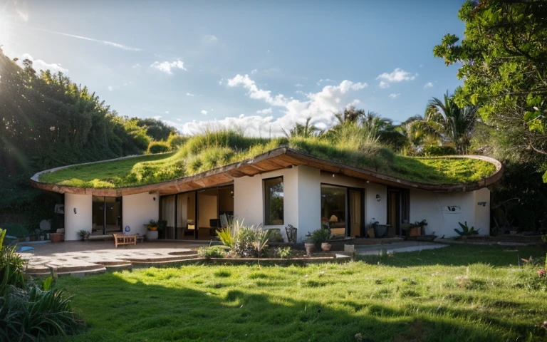 A photograph of a symmetrical contemporary organic house with clay plaster, building resembling a face, there is a buttress in the shape of a nose, a window resembling an eye, a hair-like green roof, modern bioconstruction style house, cobhouse, natural homes, ecofriendly, with (((one hyperbolic paraboloid green roof))) and (((biological pool))) and (((base wall rock foundation))) in a tropical backyard, high roof and long eaves, mustard yellow terracota plaster walls (((rustic clay stucco))), ((corner walls rounded)), ((rustic clay plaster)), (((terracotta walls with rounded corners, organic curves))), (((rustic earth plaster, mud))), (((hyperbolic-shaped green roof with wooden edge))), (((wooden roof structure, wooden rake, wooden fascia board))), eaves, ((roof with wooden structure)), In Bahia (((tropical garden))), ((natural houses, organic buildings, organic architecture)), ecovillage, sustainable architecture, bioconstruction architecture, solarpunk architecture, (((grass roof, green roof, green wave roof, rounded roof, vegetated roofs))), (((rock base foundation wall, foundation height 30cm, stone base wall 30cm high))), ((green architecture)), passive house, clear sky in the background, painful beauty, modern, imposing, green house, ((Bali hobbit Hadid Style)), super resolution, cinematic, color grading, editorial photography, photography, photo shoot, (((dramatic front eye top angle view))), O 50mm, depth of field, intricate details, natural colors, sharp focus, warm light, shutter speed 1/1000, F/22, White Balance, Ray Trace Reflections, Lumen Reflections, Screen Space Reflections, Diffraction Rating, Chromatic Aberration, GB Shift, Partial Lighting, Backlighting, Daylighting, Scan Lines, ambient occlusion, antialiasing, shaders, OpenGL-Shaders, GLSL-Shaders, Post-processing, post-production, shading, tone mapping, incredibly detailed and complex, hypermaximalist, elegant, hyperrealistic, super detailed, dynamic pose, Fujifilm XT