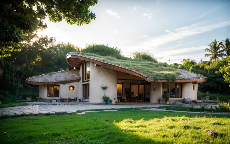A photograph of a symmetrical contemporary organic house with clay plaster, building resembling a face, there is a buttress in the shape of a nose, a window resembling an eye, a hair-like green roof, modern bioconstruction style house, cobhouse, natural homes, ecofriendly, with (((one hyperbolic paraboloid green roof))) and (((biological pool))) and (((base wall rock foundation))) in a tropical backyard, high roof and long eaves, mustard yellow terracota plaster walls (((rustic clay stucco))), ((corner walls rounded)), ((rustic clay plaster)), (((terracotta walls with rounded corners, organic curves))), (((rustic earth plaster, mud))), (((hyperbolic-shaped green roof with wooden edge))), (((wooden roof structure, wooden rake, wooden fascia board))), eaves, ((roof with wooden structure)), In Bahia (((tropical garden))), ((natural houses, organic buildings, organic architecture)), ecovillage, sustainable architecture, bioconstruction architecture, solarpunk architecture, (((grass roof, green roof, green wave roof, rounded roof, vegetated roofs))), (((rock base foundation wall, foundation height 30cm, stone base wall 30cm high))), ((green architecture)), passive house, clear sky in the background, painful beauty, modern, imposing, green house, ((Bali hobbit Hadid Style)), super resolution, cinematic, color grading, editorial photography, photography, photo shoot, (((dramatic front eye top angle view))), O 50mm, depth of field, intricate details, natural colors, sharp focus, warm light, shutter speed 1/1000, F/22, White Balance, Ray Trace Reflections, Lumen Reflections, Screen Space Reflections, Diffraction Rating, Chromatic Aberration, GB Shift, Partial Lighting, Backlighting, Daylighting, Scan Lines, ambient occlusion, antialiasing, shaders, OpenGL-Shaders, GLSL-Shaders, Post-processing, post-production, shading, tone mapping, incredibly detailed and complex, hypermaximalist, elegant, hyperrealistic, super detailed, dynamic pose, Fujifilm XT