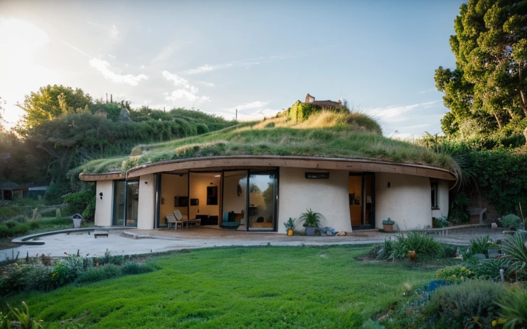 A photograph of a symmetrical contemporary organic house with clay plaster, building resembling a face, there is a buttress in the shape of a nose, a window resembling an eye, a hair-like green roof, modern bioconstruction style house, cobhouse, natural homes, ecofriendly, with (((one hyperbolic paraboloid green roof))) and (((biological pool))) and (((base wall rock foundation))) in a tropical backyard, high roof and long eaves, mustard yellow terracota plaster walls (((rustic clay stucco))), ((corner walls rounded)), ((rustic clay plaster)), (((terracotta walls with rounded corners, organic curves))), (((rustic earth plaster, mud))), (((hyperbolic-shaped green roof with wooden edge))), (((wooden roof structure, wooden rake, wooden fascia board))), eaves, ((roof with wooden structure)), In Bahia (((tropical garden))), ((natural houses, organic buildings, organic architecture)), ecovillage, sustainable architecture, bioconstruction architecture, solarpunk architecture, (((grass roof, green roof, green wave roof, rounded roof, vegetated roofs))), (((rock base foundation wall, foundation height 30cm, stone base wall 30cm high))), ((green architecture)), passive house, clear sky in the background, painful beauty, modern, imposing, green house, ((Bali hobbit Hadid Style)), super resolution, cinematic, color grading, editorial photography, photography, photo shoot, (((dramatic front eye top angle view))), O 50mm, depth of field, intricate details, natural colors, sharp focus, warm light, shutter speed 1/1000, F/22, White Balance, Ray Trace Reflections, Lumen Reflections, Screen Space Reflections, Diffraction Rating, Chromatic Aberration, GB Shift, Partial Lighting, Backlighting, Daylighting, Scan Lines, ambient occlusion, antialiasing, shaders, OpenGL-Shaders, GLSL-Shaders, Post-processing, post-production, shading, tone mapping, incredibly detailed and complex, hypermaximalist, elegant, hyperrealistic, super detailed, dynamic pose, Fujifilm XT
