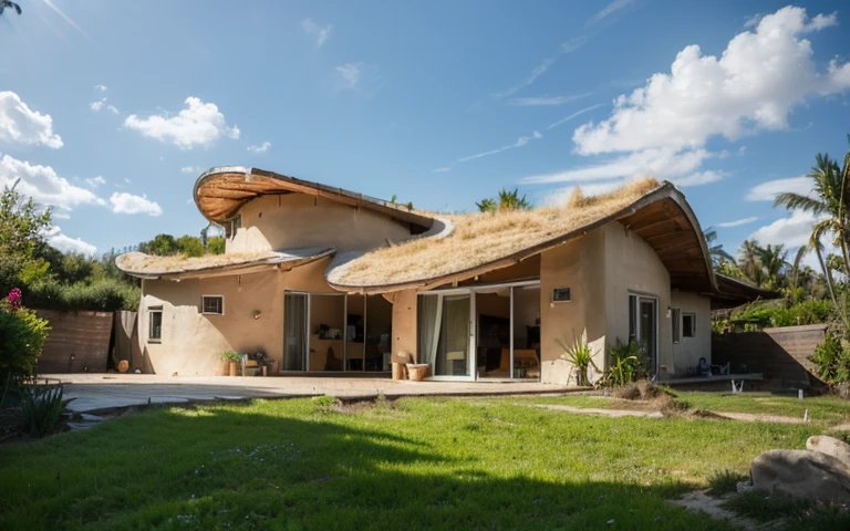 A photograph of a symmetrical contemporary organic house with clay plaster, building resembling a face, there is a buttress in the shape of a nose, a window resembling an eye, a hair-like green roof, modern bioconstruction style house, cobhouse, natural homes, ecofriendly, with (((one hyperbolic paraboloid green roof))) and (((biological pool))) and (((base wall rock foundation))) in a tropical backyard, high roof and long eaves, mustard yellow terracota plaster walls (((rustic clay stucco))), ((corner walls rounded)), ((rustic clay plaster)), (((terracotta walls with rounded corners, organic curves))), (((rustic earth plaster, mud))), (((hyperbolic-shaped green roof with wooden edge))), (((wooden roof structure, wooden rake, wooden fascia board))), eaves, ((roof with wooden structure)), In Bahia (((tropical garden))), ((natural houses, organic buildings, organic architecture)), ecovillage, sustainable architecture, bioconstruction architecture, solarpunk architecture, (((grass roof, green roof, green wave roof, rounded roof, vegetated roofs))), (((rock base foundation wall, foundation height 30cm, stone base wall 30cm high))), ((green architecture)), passive house, clear sky in the background, painful beauty, modern, imposing, green house, ((Bali hobbit Hadid Style)), super resolution, cinematic, color grading, editorial photography, photography, photo shoot, (((dramatic front eye top angle view))), O 50mm, depth of field, intricate details, natural colors, sharp focus, warm light, shutter speed 1/1000, F/22, White Balance, Ray Trace Reflections, Lumen Reflections, Screen Space Reflections, Diffraction Rating, Chromatic Aberration, GB Shift, Partial Lighting, Backlighting, Daylighting, Scan Lines, ambient occlusion, antialiasing, shaders, OpenGL-Shaders, GLSL-Shaders, Post-processing, post-production, shading, tone mapping, incredibly detailed and complex, hypermaximalist, elegant, hyperrealistic, super detailed, dynamic pose, Fujifilm XT