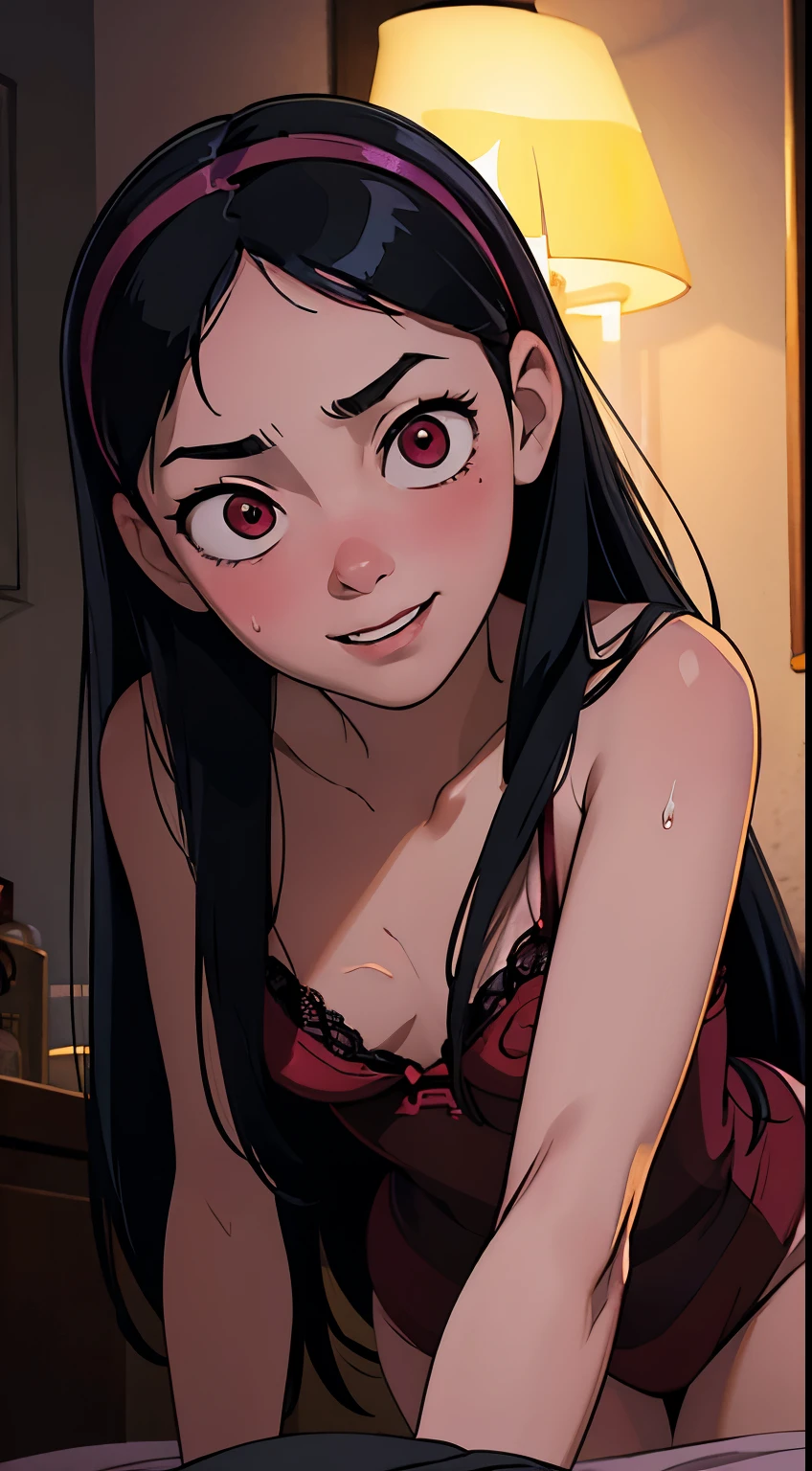 (((masterpiece))), HD 4k res image, no blur, Violet Parr possessed by perverted spirit, horror theme, in a creepy bedroom, night, smile, pleasure face, satisfied, glowing evil red eyes, long black hair, hairband, slender con body, small breast, hntai, nsfw, , sweating, blushing, revealing lingerie, prostituting, seductive pose