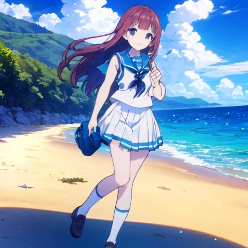 Sailor uniform, shoes, smiling, beach, full