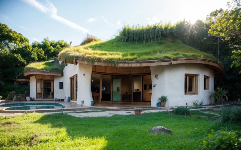 A photograph of a symmetrical contemporary organic house with clay plaster, building resembling a face, there is a buttress in the shape of a nose, a window resembling an eye, a hair-like green roof, modern bioconstruction style house, cobhouse, natural homes, ecofriendly, with (((one hyperbolic paraboloid green roof))) and (((biological pool))) and (((base wall rock foundation))) in a tropical backyard, high roof and long eaves, mustard yellow terracota plaster walls (((rustic clay stucco))), ((corner walls rounded)), ((rustic clay plaster)), (((terracotta walls with rounded corners, organic curves))), (((rustic earth plaster, mud))), (((hyperbolic-shaped green roof with wooden edge))), (((wooden roof structure, wooden rake, wooden fascia board))), eaves, ((roof with wooden structure)), In Bahia (((tropical garden))), ((natural houses, organic buildings, organic architecture)), ecovillage, sustainable architecture, bioconstruction architecture, solarpunk architecture, (((grass roof, green roof, green wave roof, rounded roof, vegetated roofs))), (((rock base foundation wall, foundation height 30cm, stone base wall 30cm high))), ((green architecture)), passive house, clear sky in the background, painful beauty, modern, imposing, green house, ((Bali hobbit Hadid Style)), super resolution, cinematic, color grading, editorial photography, photography, photo shoot, (((dramatic front eye top angle view))), O 50mm, depth of field, intricate details, natural colors, sharp focus, warm light, shutter speed 1/1000, F/22, White Balance, Ray Trace Reflections, Lumen Reflections, Screen Space Reflections, Diffraction Rating, Chromatic Aberration, GB Shift, Partial Lighting, Backlighting, Daylighting, Scan Lines, ambient occlusion, antialiasing, shaders, OpenGL-Shaders, GLSL-Shaders, Post-processing, post-production, shading, tone mapping, incredibly detailed and complex, hypermaximalist, elegant, hyperrealistic, super detailed, dynamic pose, Fujifilm XT