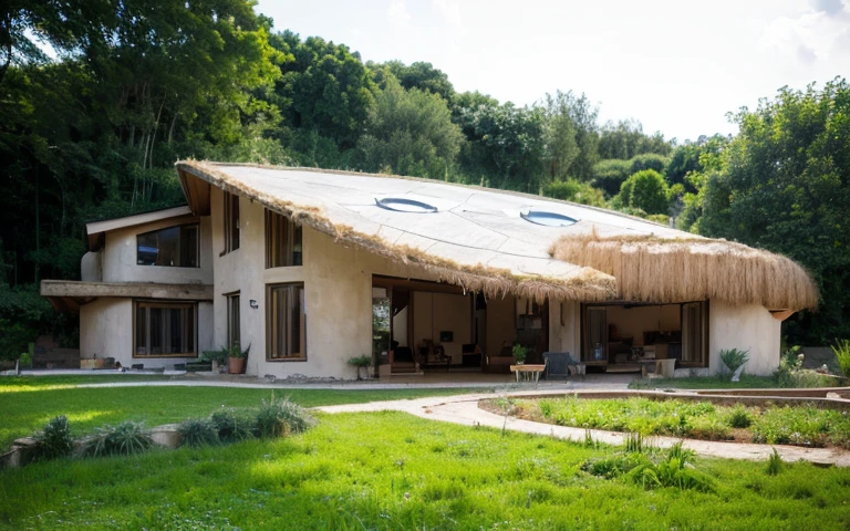A photograph of a symmetrical contemporary organic house with clay plaster, building resembling a face, there is a buttress in the shape of a nose, a window resembling an eye, a hair-like green roof, modern bioconstruction style house, cobhouse, natural homes, ecofriendly, with (((one hyperbolic paraboloid green roof))) and (((biological pool))) and (((base wall rock foundation))) in a tropical backyard, high roof and long eaves, mustard yellow terracota plaster walls (((rustic clay stucco))), ((corner walls rounded)), ((rustic clay plaster)), (((terracotta walls with rounded corners, organic curves))), (((rustic earth plaster, mud))), (((hyperbolic-shaped green roof with wooden edge))), (((wooden roof structure, wooden rake, wooden fascia board))), eaves, ((roof with wooden structure)), In Bahia (((tropical garden))), ((natural houses, organic buildings, organic architecture)), ecovillage, sustainable architecture, bioconstruction architecture, solarpunk architecture, (((grass roof, green roof, green wave roof, rounded roof, vegetated roofs))), (((rock base foundation wall, foundation height 30cm, stone base wall 30cm high))), ((green architecture)), passive house, clear sky in the background, painful beauty, modern, imposing, green house, ((Bali hobbit Hadid Style)), super resolution, cinematic, color grading, editorial photography, photography, photo shoot, (((dramatic front eye top angle view))), O 50mm, depth of field, intricate details, natural colors, sharp focus, warm light, shutter speed 1/1000, F/22, White Balance, Ray Trace Reflections, Lumen Reflections, Screen Space Reflections, Diffraction Rating, Chromatic Aberration, GB Shift, Partial Lighting, Backlighting, Daylighting, Scan Lines, ambient occlusion, antialiasing, shaders, OpenGL-Shaders, GLSL-Shaders, Post-processing, post-production, shading, tone mapping, incredibly detailed and complex, hypermaximalist, elegant, hyperrealistic, super detailed, dynamic pose, Fujifilm XT
