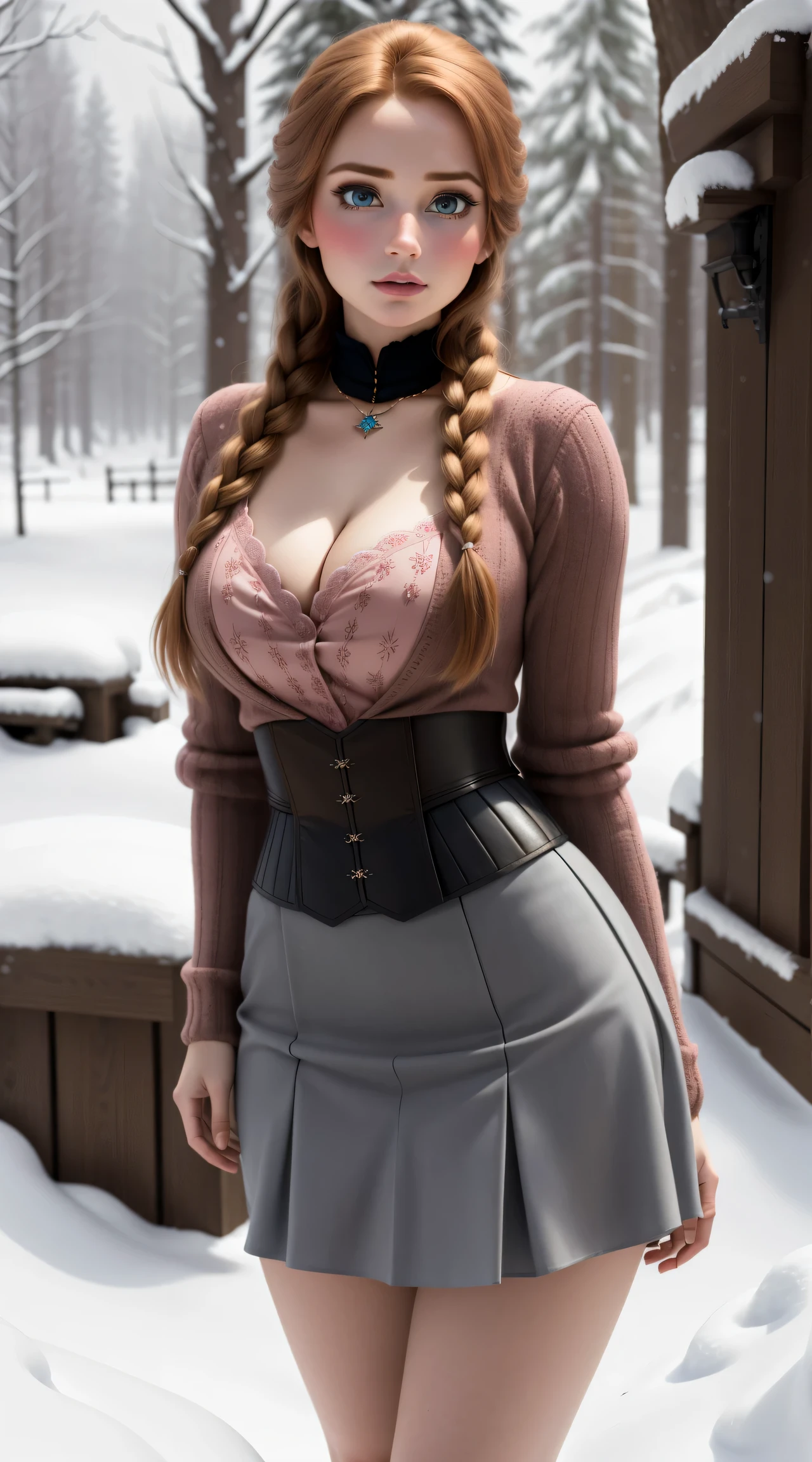 woman, ((Masterpiece, best quality)), detailed skin, highly detailed, cinematic lighting, ultra realistic, blush, looking at viewer, anna, anna from frozen, princess, disney, brown hair, long hair, portrait, outdoor, snow, cleavage, large breasts, wide hips,
skirt, miniskirt, microskirt, pleated skirt, thighs,