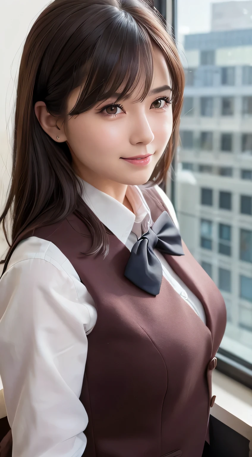 1lady, matured female, vest, bow, photo, realistic, best quality, hires, detailed face, office, buildings from window, detailed background, diffused sunlight, depth of field, bokeh, delicate face, dark brown hair, wearing sexy office attire, smiling
