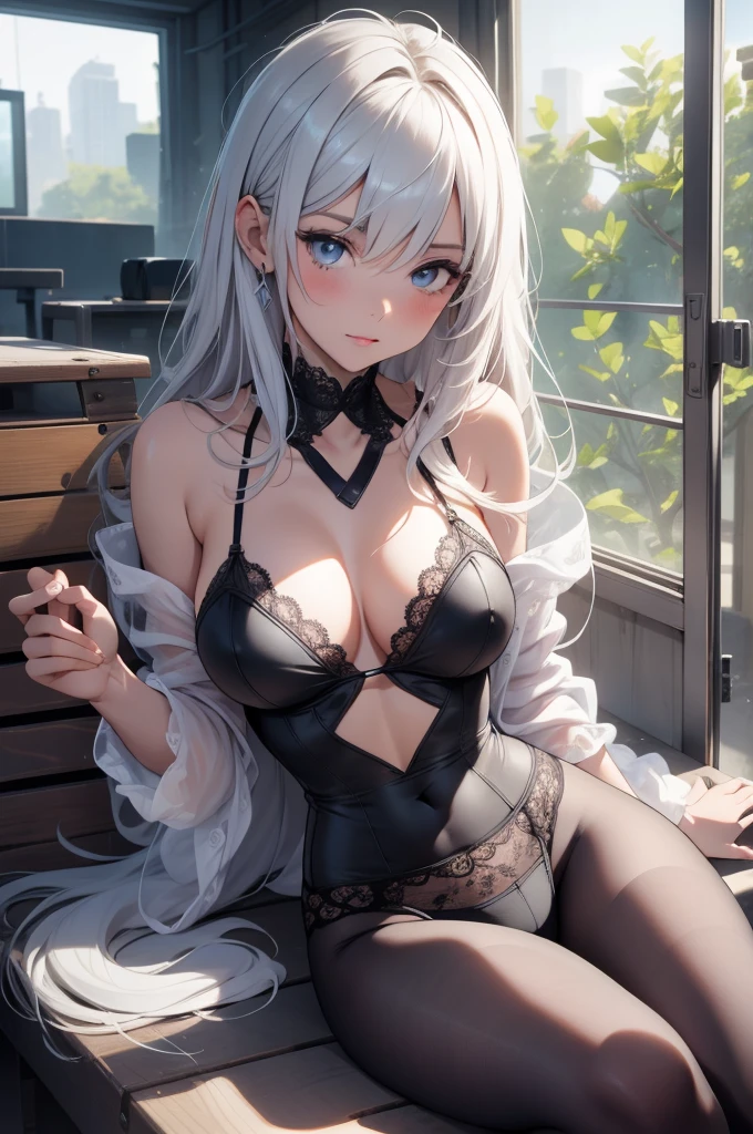 Anime girl with white hair and cat ears, ruby eyes, shy, blush, medium breast, bare legs, shoulders, dress, side view, high contrast, soft light, master piece, extraordinary nice