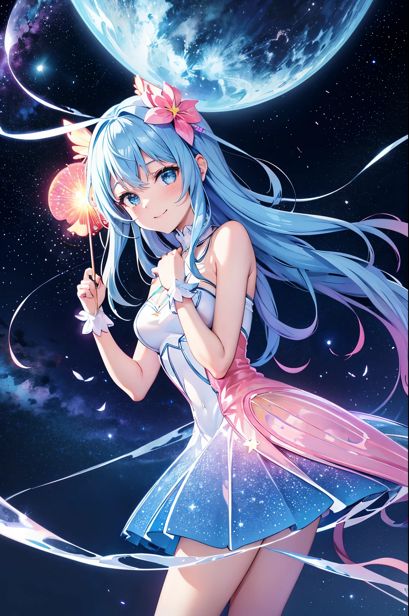 {{{masutepiece}}}, {{best qualtiy, An ultra-fine illustrations, beautifulanddelicatewater}}, {{very delicate light}}, {{Nature, Painting}}, {{Fine Lighting, More transparent stars, Very fine 8K PCG wallpaper}}, (plateau), Sunrise, randomly distributed clouds, cliff, ((Rotating starry sky)), Beautiful girl with long light blue hair with luminous particles、Twin-tailed、adorable smiling、facing front、Super Gloss Metallic Coral Rainbow Transparent Holographic Suit:1.2),Pink and white costume