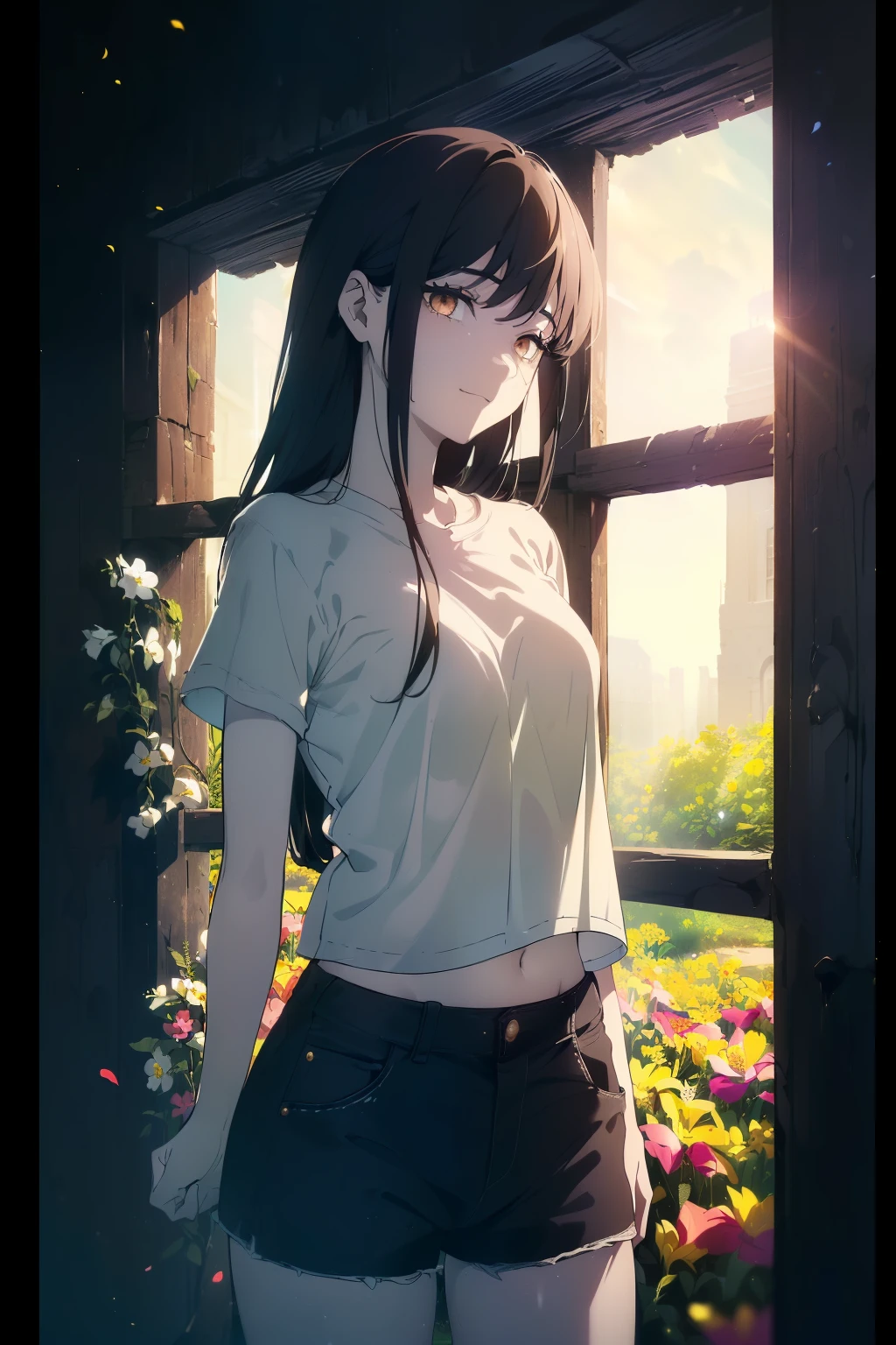 ((((Obra maestra, La mejor calidad, ultrahigh resolution)))), 1girl, standing, (baggy white t-shirt, loose fitting blue shorts, ((black hair, black hair over eye)), long hair cut, pale skin, ((brown eyes)), glowing_eyes, neon eyes, ((ultra detailed eyes:0.7, beautiful and detailed face, detailed eyes:0.9)), ((centered)), smile, ((wide shot)), facing viewer, (((vibrant background of outside, flowers, bright lighting, summer, sunlight))), flat chested, looking at viewer, ((half closed eyes)), ((perfect hands)), ((head:1, hips, elbows, arms, in view)), ((hands behind back)), empty eyes, beautiful lighting, defined subject, 25 years old, ((cool looking))