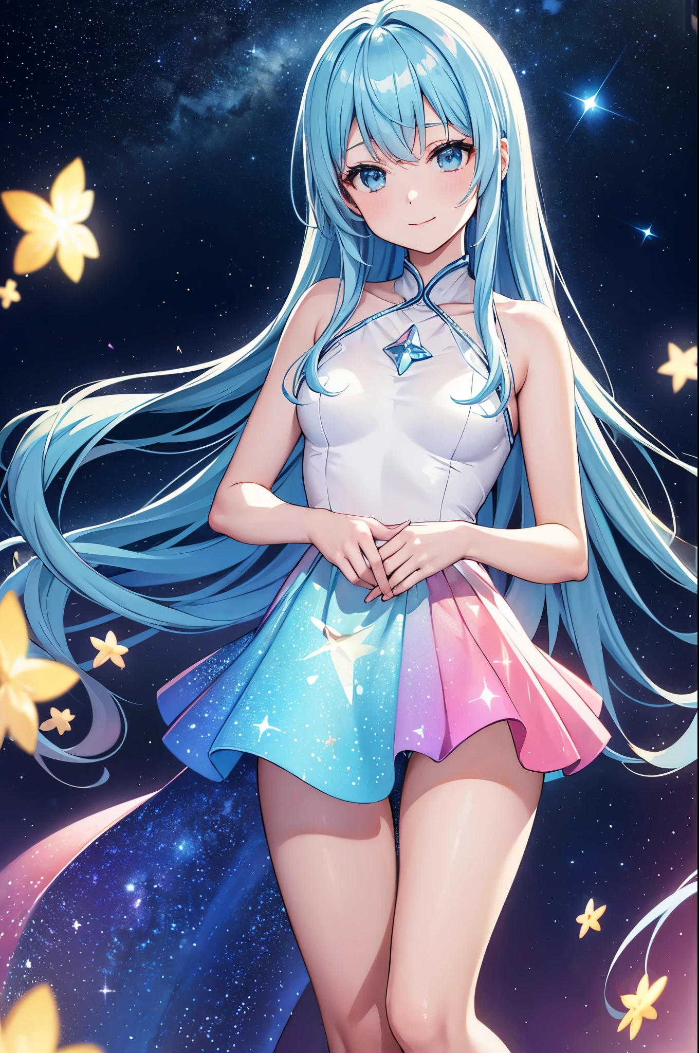 {{{masutepiece}}}, {{best qualtiy, An ultra-fine illustrations, beautifulanddelicatewater}}, {{very delicate light}}, {{Nature, Painting}}, {{Fine Lighting, More transparent stars, Very fine 8K PCG wallpaper}}, (plateau), Sunrise, randomly distributed clouds, cliff, ((Rotating starry sky)), Beautiful girl with long light blue hair with luminous particles、Twin-tailed、adorable smiling、facing front、Super Gloss Metallic Coral Rainbow Transparent Holographic Suit:1.2),Pink and white costume