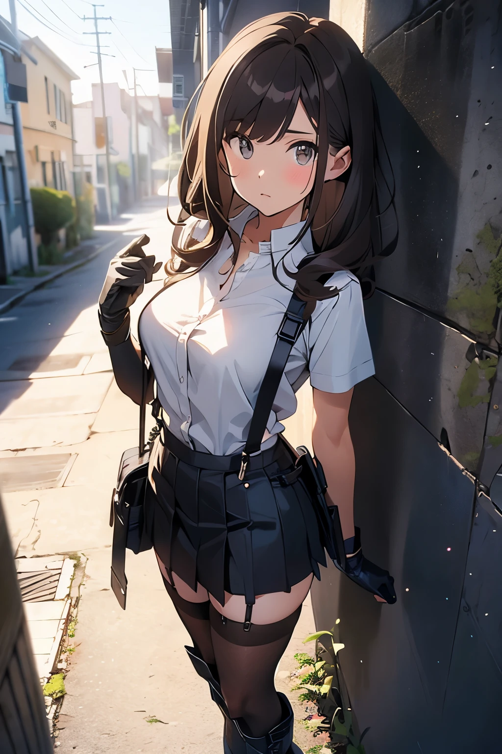 Brown hair、watching at viewers black suspenders Bulging big breasts walls: Black miniskirt garters Gaze Small face bangss holster Beautuful Women hands up レッグholster ベッドに横たわる Gaze black boots panty shot provocation flank flank汗 soio arm