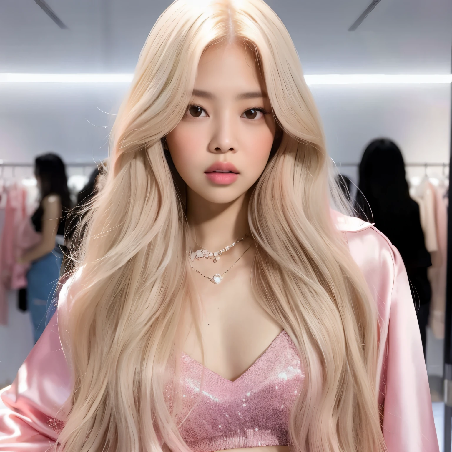 un primer plano de una mujer con el pelo largo y rubio con un top rosa, Parque Roseanne de Blackpink, portrait of Jossi de Blackpink, long glowing ethereal hair, Lalisa Manobal, Lalisa Manoban de Blackpink, Blackpink Jennie, Jossi de Blackpink, Tendencias en CGVatstation, con el pelo largo y blanco, con cabello largo y rubio