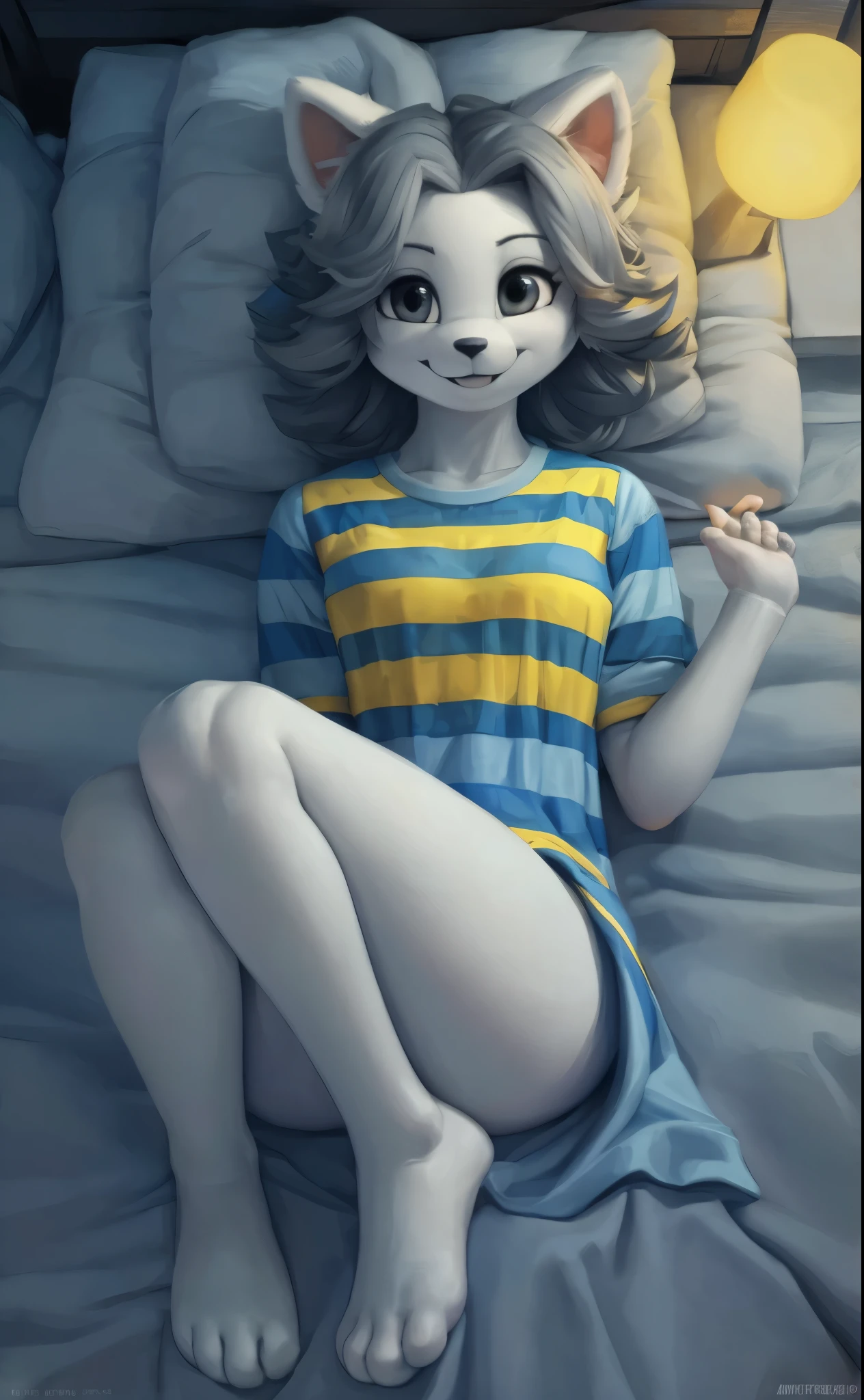 [temmie], [undertale], [Uploaded to e621.net; (Pixelsketcher), (wamudraws)], ((masterpiece)), ((HD)), ((solo portrait)), ((bird's-eye view)), ((feet visible)), ((furry; anthro)), ((detailed fur)), ((detailed shading)), ((beautiful render art)), {anthro; (slim figure), (white body fur), black nose, cute grey eyes, short grey hair, (curvy hips), (beautiful legs), (beautiful feet), (excited smile)}, {(blue and yellow striped tee shirt)}, {(on bed), (playful), (laying on back), (parted legs), (looking at viewer)}, [background; (bedroom), (nighttime), (ambient lighting)]