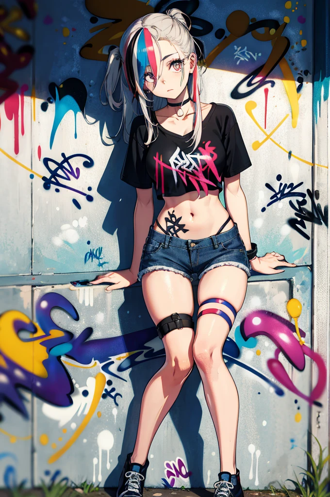 absurdres, best quality,1girl, solo, streaked hair, crop top, denim shorts, choker, (graffiti:1.5),  paint splatter, arms behind back, (slouching), leaning back, against wall, (leaning to the side:0.25), looking at viewer, armband, thigh strap, streaked hair, paint on body, upturned eyes, head down, head tilt, (from side:0.75), bored, (expressionless:0.75)