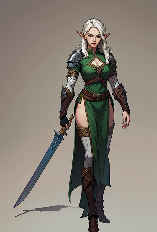 no background, background clean, standing single character concept art full body ((solo)), elf female adult warrior, pretty face, serious face, long white hair, armor full plate green, perfect slim body