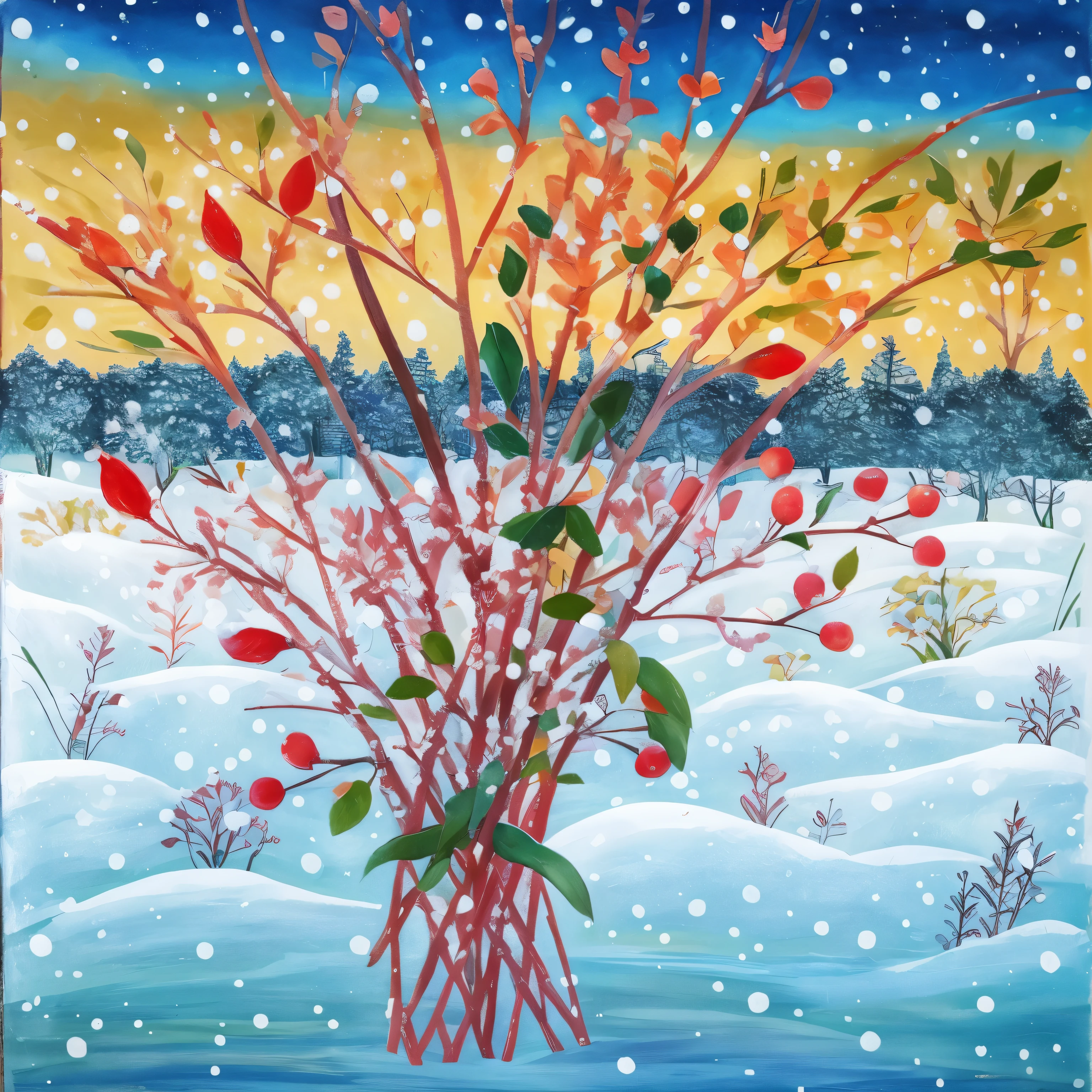 painting of a cena de inverno with a bunch of plants in the snow, natureza morta com neve, winter vibrancy, pintura de inverno, Jane Newland, cena de inverno, cena de inverno, com frutas vermelhas e pingentes de gelo, paisagem de inverno, Alegoria do Inverno, Directed by: Eileen Aldridge, Directed by: Nadya Rusheva, inspirado em Ivan Bilibin, Directed by: Sergei Sviatchenko