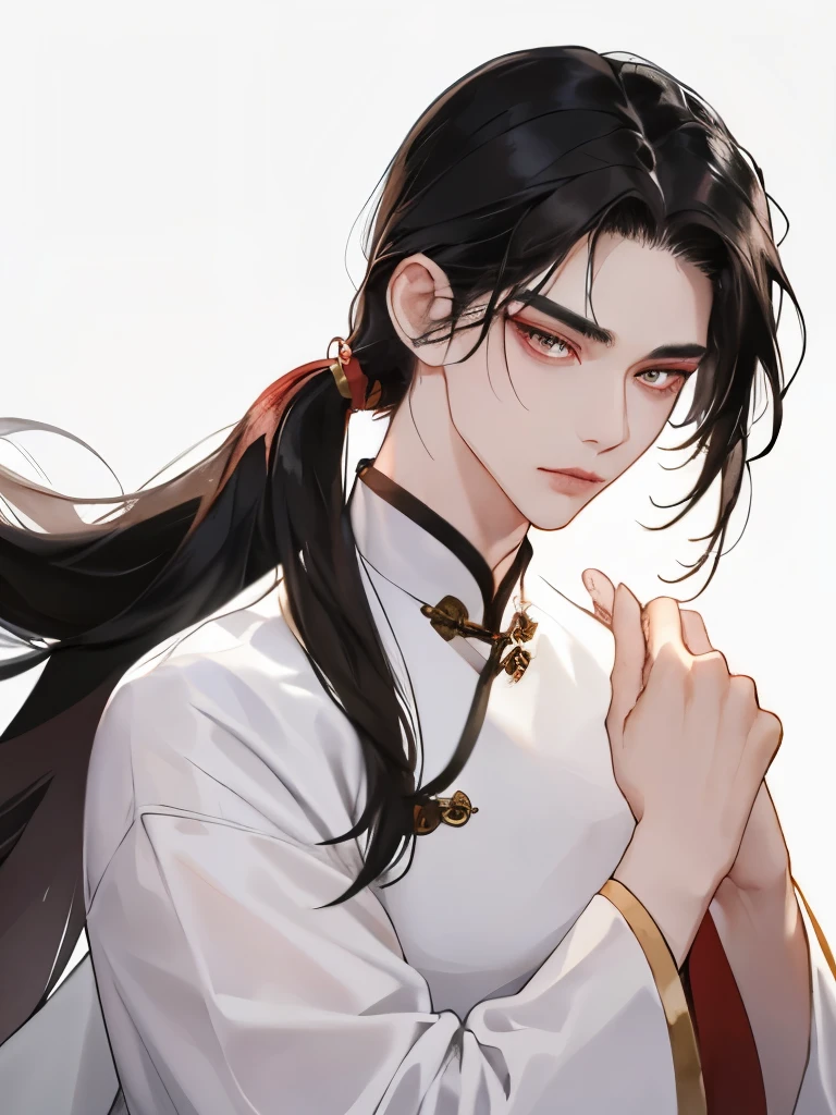 1 male、Chinese male、A dark-haired、White cheongsam、A tall man、poneyTail、Center division、A detailed face、Shoku、Chinatown、Arm muscles、Golden eyes、wistfulness、white clothes