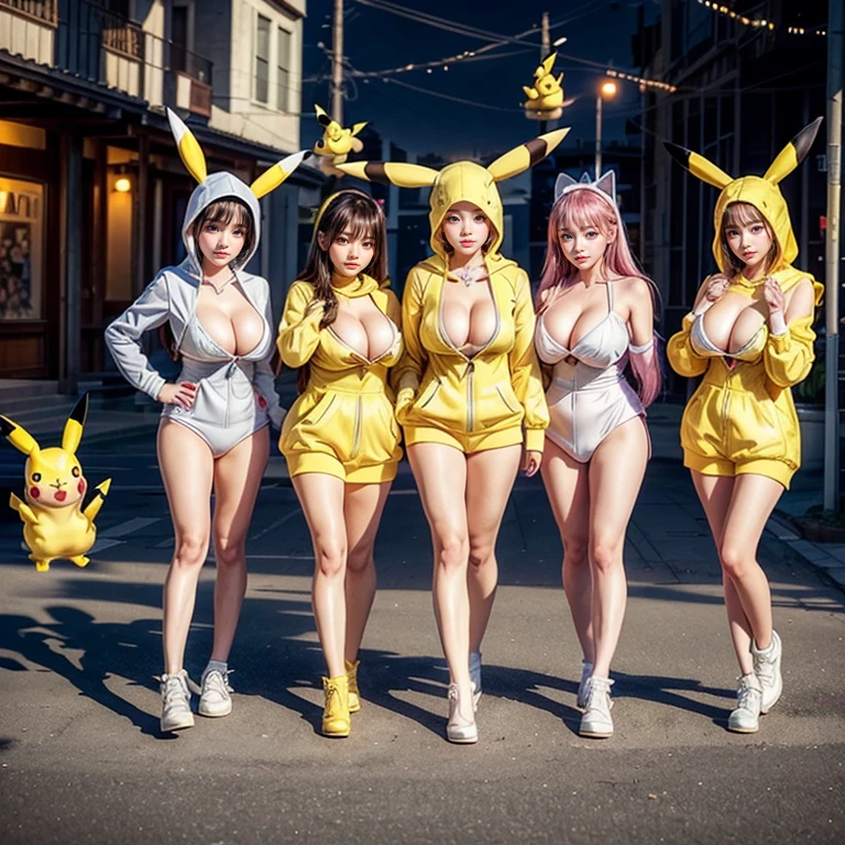 ((SFW, Not NSFW_Still_Show))、6 small boobs loli 、Pikachu, (Moe Sleeves, yellow Pikachu suits with wide open front zipper、(Pikachu hood))、Floating hair、((masutepiece:1.25, Photorealsitic:1.37))、8K Best Quality、((Detailed cute face))、Perfect eyes that shine brightly、{(childish:1.2)|(( Although there is no underwear、nipples are hidden))|Do not show nipples|(gigantic cleavage:1.37)}、(Ivory skin shining in every detail)、Extremely detailed、{((Yellow Pikachu hood))}、smooth shading、Soft lighting with many follow lights、clear focus、Bokeh、crowded city background、Vivid colors, {(Shouting)| trick or treat|Mischievous smile}, Overflowing、Biomechanical huge and heavy, { ((Grab the chest))| hidden hand| Thumbs up| Face Focus},(((no extra hands, Correct fingers))),