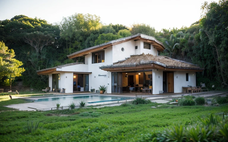 A photograph of a symmetrical contemporary organic house with clay plaster, face-like building, there is a buttress in the shape of a nose, uma janela semelhante a um olho, a hair-like Telhado Verde, moderno bioconstruction style house, cobhouse, ((casas naturais, Organic buildings, organic architecture)), ecovila, sustainable architecture, Bioconstruction architecture, arquitetura solarpunk, (((telhado de grama, Telhado Verde, Telhado de Onda Verde, telhado arredondado, telhados vegetados))), (((bedrock foundation wall, foundation height 30cm, parede de base de pedra com 30 cm de altura))), ((arquitetura verde)), Casa passiva, Clear sky in the background, beleza dolorosa, moderno, imponente, casa verde, ((Estilo Hadid do hobbit de Bali)), super resolution, cinemactic, color grading, editorial fotografia, fotografia, photo shoot, (((dramatic front eye top angle view))), O 50mm, profundidade de campo, detalhes intrincados, Cores Naturais, foco nítido, luz quente, Velocidade do obturador 1/1000, F/22, White balance, Ray Trace Reflections, Lumen reflections, screen space reflections, diffraction classification, chromatic aberration, Deslocamento de GB, Partial lighting, Backlighting, natural  lightting, Linhas de varredura, Ambient occlusion, antialiasing, Shaders, OpenGL-Shaders, GLSL-Shaders, Post-processing, post - production, sombreamento, Mapeamento de tons, incrivelmente detalhado e complexo, hipermaximalista, elegante, hiper-realista, super detalhado, dynamic pose, fujifilm XT |