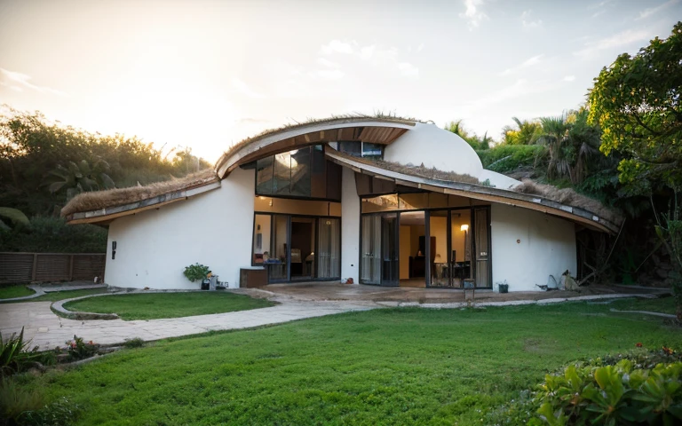 A photograph of a symmetrical contemporary organic house with clay plaster, face-like building, there is a buttress in the shape of a nose, uma janela semelhante a um olho, a hair-like Telhado Verde, moderno bioconstruction style house, cobhouse, ((casas naturais, Organic buildings, organic architecture)), ecovila, sustainable architecture, Bioconstruction architecture, arquitetura solarpunk, (((telhado de grama, Telhado Verde, Telhado de Onda Verde, telhado arredondado, telhados vegetados))), (((bedrock foundation wall, foundation height 30cm, parede de base de pedra com 30 cm de altura))), ((arquitetura verde)), Casa passiva, Clear sky in the background, beleza dolorosa, moderno, imponente, casa verde, ((Estilo Hadid do hobbit de Bali)), super resolution, cinemactic, color grading, editorial fotografia, fotografia, photo shoot, (((dramatic front eye top angle view))), O 50mm, profundidade de campo, detalhes intrincados, Cores Naturais, foco nítido, luz quente, Velocidade do obturador 1/1000, F/22, White balance, Ray Trace Reflections, Lumen reflections, screen space reflections, diffraction classification, chromatic aberration, Deslocamento de GB, Partial lighting, Backlighting, natural  lightting, Linhas de varredura, Ambient occlusion, antialiasing, Shaders, OpenGL-Shaders, GLSL-Shaders, Post-processing, post - production, sombreamento, Mapeamento de tons, incrivelmente detalhado e complexo, hipermaximalista, elegante, hiper-realista, super detalhado, dynamic pose, fujifilm XT |