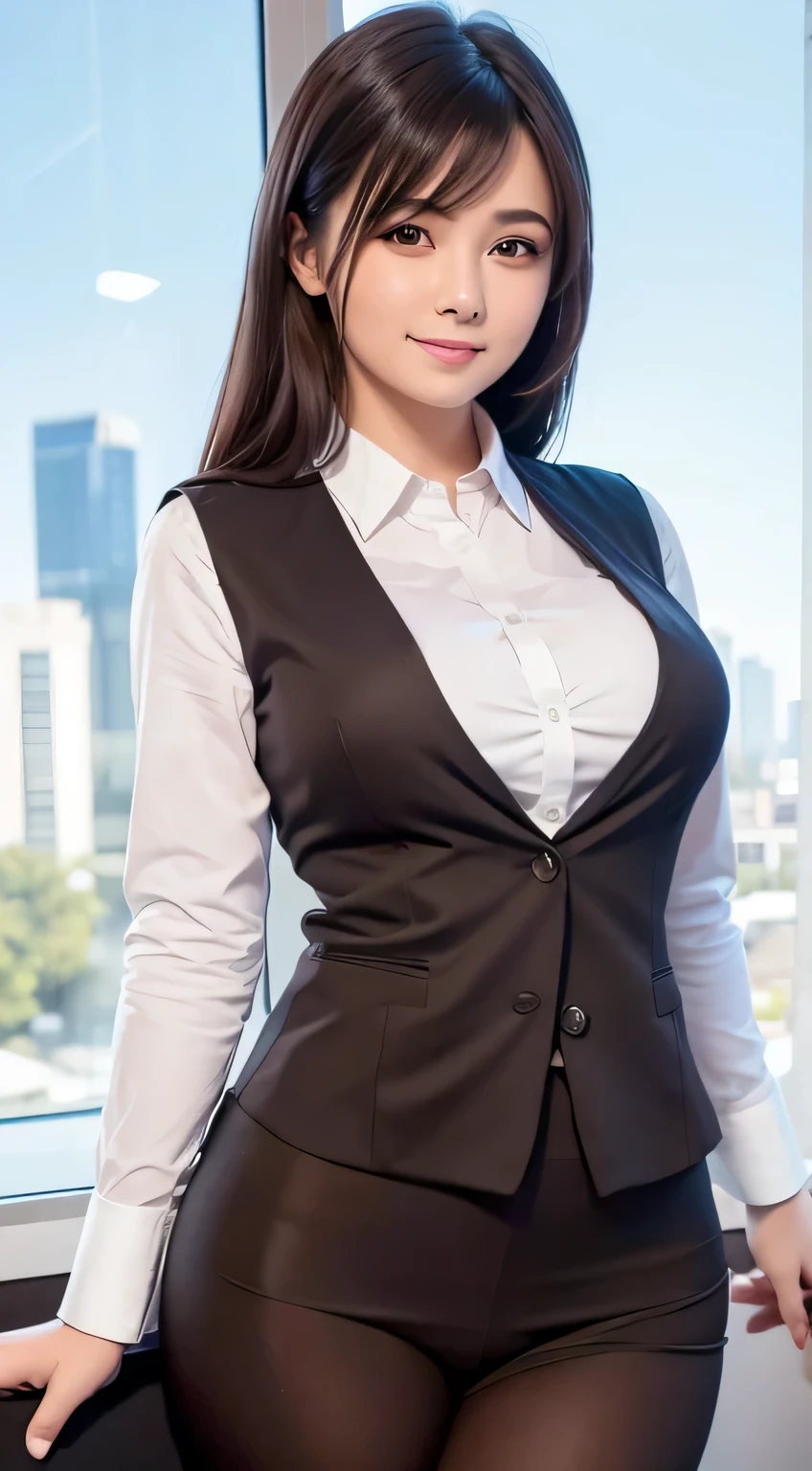 1lady, young female, vest, photo, realistic, best quality, hires, detailed face, office, buildings from window, diffused sunlight, depth of field, bokeh, delicate face, dark brown hair, (wearing sexy office attire), smiling, cleavage visible, medium breasts