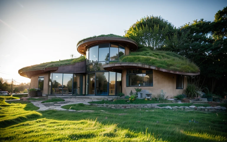 A photograph of a symmetrical contemporary organic house with clay plaster, building resembling a face, there is a buttress in the shape of a nose, a window resembling an eye, a hair-like green roof, modern bioconstruction style house, cobhouse, ((natural houses, organic buildings, organic architecture)), ecovillage, sustainable architecture, bioconstruction architecture, solarpunk architecture, (((grass roof, green roof, green wave roof, rounded roof, vegetated roofs))), (((rock base foundation wall, foundation height 30cm, stone base wall 30cm high))), ((green architecture)), passive house, clear sky in the background, painful beauty, modern, imposing, green house, ((Bali hobbit Hadid Style)), super resolution, cinematic, color grading, editorial photography, photography, photo shoot, (((dramatic front eye top angle view))), O 50mm, depth of field, intricate details, natural colors, sharp focus, warm light, shutter speed 1/1000, F/22, White Balance, Ray Trace Reflections, Lumen Reflections, Screen Space Reflections, Diffraction Rating, Chromatic Aberration, GB Shift, Partial Lighting, Backlighting, Daylighting, Scan Lines, ambient occlusion, antialiasing, shaders, OpenGL-Shaders, GLSL-Shaders, Post-processing, post-production, shading, tone mapping, incredibly detailed and complex, hypermaximalist, elegant, hyperrealistic, super detailed, dynamic pose, Fujifilm XT