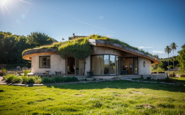A photograph of a symmetrical contemporary organic house with clay plaster, building resembling a face, there is a buttress in the shape of a nose, a window resembling an eye, a hair-like green roof, modern bioconstruction style house, cobhouse, ((natural houses, organic buildings, organic architecture)), ecovillage, sustainable architecture, bioconstruction architecture, solarpunk architecture, (((grass roof, green roof, green wave roof, rounded roof, vegetated roofs))), (((rock base foundation wall, foundation height 30cm, stone base wall 30cm high))), ((green architecture)), passive house, clear sky in the background, painful beauty, modern, imposing, green house, ((Bali hobbit Hadid Style)), super resolution, cinematic, color grading, editorial photography, photography, photo shoot, (((dramatic front eye top angle view))), O 50mm, depth of field, intricate details, natural colors, sharp focus, warm light, shutter speed 1/1000, F/22, White Balance, Ray Trace Reflections, Lumen Reflections, Screen Space Reflections, Diffraction Rating, Chromatic Aberration, GB Shift, Partial Lighting, Backlighting, Daylighting, Scan Lines, ambient occlusion, antialiasing, shaders, OpenGL-Shaders, GLSL-Shaders, Post-processing, post-production, shading, tone mapping, incredibly detailed and complex, hypermaximalist, elegant, hyperrealistic, super detailed, dynamic pose, Fujifilm XT
