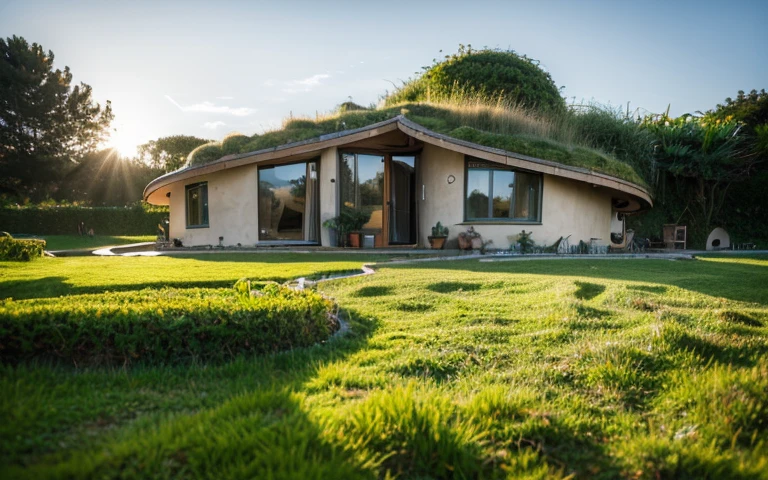 A photograph of a symmetrical contemporary organic house with clay plaster, building resembling a face, there is a buttress in the shape of a nose, a window resembling an eye, a hair-like green roof, modern bioconstruction style house, cobhouse, ((natural houses, organic buildings, organic architecture)), ecovillage, sustainable architecture, bioconstruction architecture, solarpunk architecture, (((grass roof, green roof, green wave roof, rounded roof, vegetated roofs))), (((rock base foundation wall, foundation height 30cm, stone base wall 30cm high))), ((green architecture)), passive house, clear sky in the background, painful beauty, modern, imposing, green house, ((Bali hobbit Hadid Style)), super resolution, cinematic, color grading, editorial photography, photography, photo shoot, (((dramatic front eye top angle view))), O 50mm, depth of field, intricate details, natural colors, sharp focus, warm light, shutter speed 1/1000, F/22, White Balance, Ray Trace Reflections, Lumen Reflections, Screen Space Reflections, Diffraction Rating, Chromatic Aberration, GB Shift, Partial Lighting, Backlighting, Daylighting, Scan Lines, ambient occlusion, antialiasing, shaders, OpenGL-Shaders, GLSL-Shaders, Post-processing, post-production, shading, tone mapping, incredibly detailed and complex, hypermaximalist, elegant, hyperrealistic, super detailed, dynamic pose, Fujifilm XT