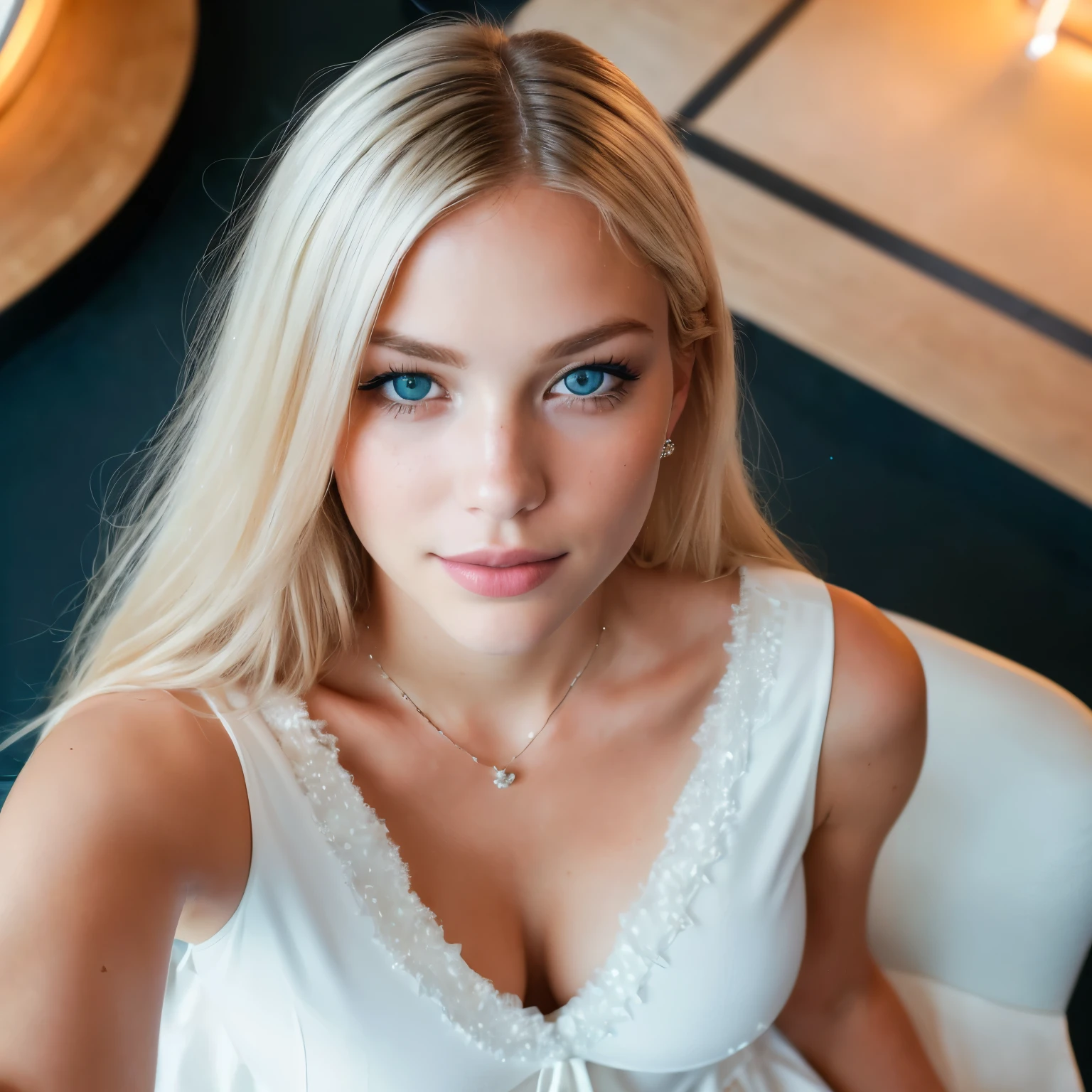 (selfie, top view: 1.4), (straight all of the body: 1.4), RAW UHD portrait photo of a 24-year-old blonde (blue-eyed woman) sitting on chair with barefoot, large breasts,, white walls room with flowers, (skirt), (neckline), details (textures! , hair! , glitter, color!! , disadvantages: 1.1), glossy eyes with high detail (looking at the camera), SLR lighting, SLR camera, ultra-quality, sharpness, depth of field, film grain (center), Fujifilm XT3, crystal clear, frame center, beautiful face, sharp focus, in the mall, neon lighting, bokeh (dimly lit), day, detailed skin pores, oily skin, sunburn, complex eye details, full body, large breasts