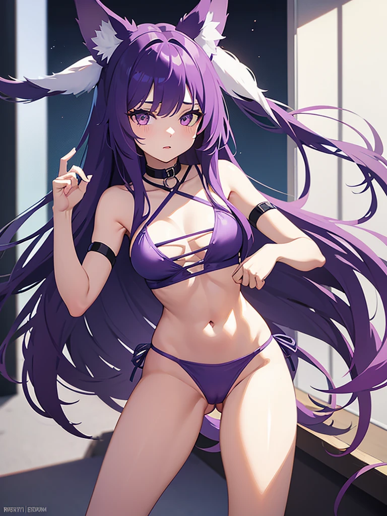 Girl with purple long hair wolf ears and tail in a bikini stripping naked spreading her legs apart showing her vagina