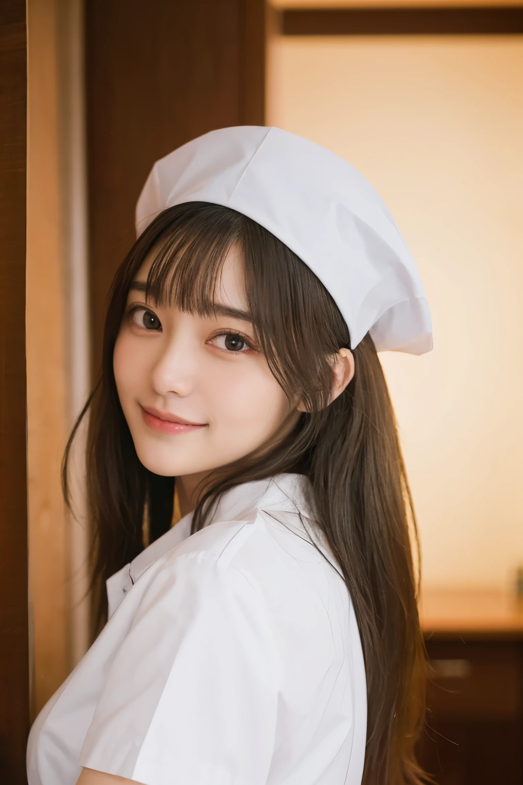 (8K、Raw photography、top-quality、masuter piece:1.2)、ultra-detailliert、ultra res、(realisitic、realisitic写真:1.37)、portlate、high-definition RAW color photography、Professional Photography、highly detailed and beautiful、ighly detailed、8K Picture Wallpaper、amazing detailed、huge filesize、Official art、Highly detailed CG Unity 8K wallpapers、highly detailed beautiful girl、ighly detailedな顔、ighly detailedな目、ighly detailedな肌、ighly detailedな指、highly detailed nose、ighly detailedな詳細な口、Perfect ???????、highly detailed back ground、Highly detailed clothing、女の子 1 人、(18:1.2)、、cute little女の子の面白い日本のアイドル、cute little、realisiticな体つき、小柄、de pele branca、glistning skin、Slim body、Handsome body、brown haired、long curly hair、(Blunt bangs:1.2)、A smile、kawaii、zora々Right、kawaii faces、Lifelike face、Delicat eyes、Sauce order、White shirt、skirt by the、耳环、Looking at the camera、cowboy shot、front facing、Contrapo, high street, 动态照明,((((White nurse))))、hospitals、hospitals部屋、nurse's outfit、Hats