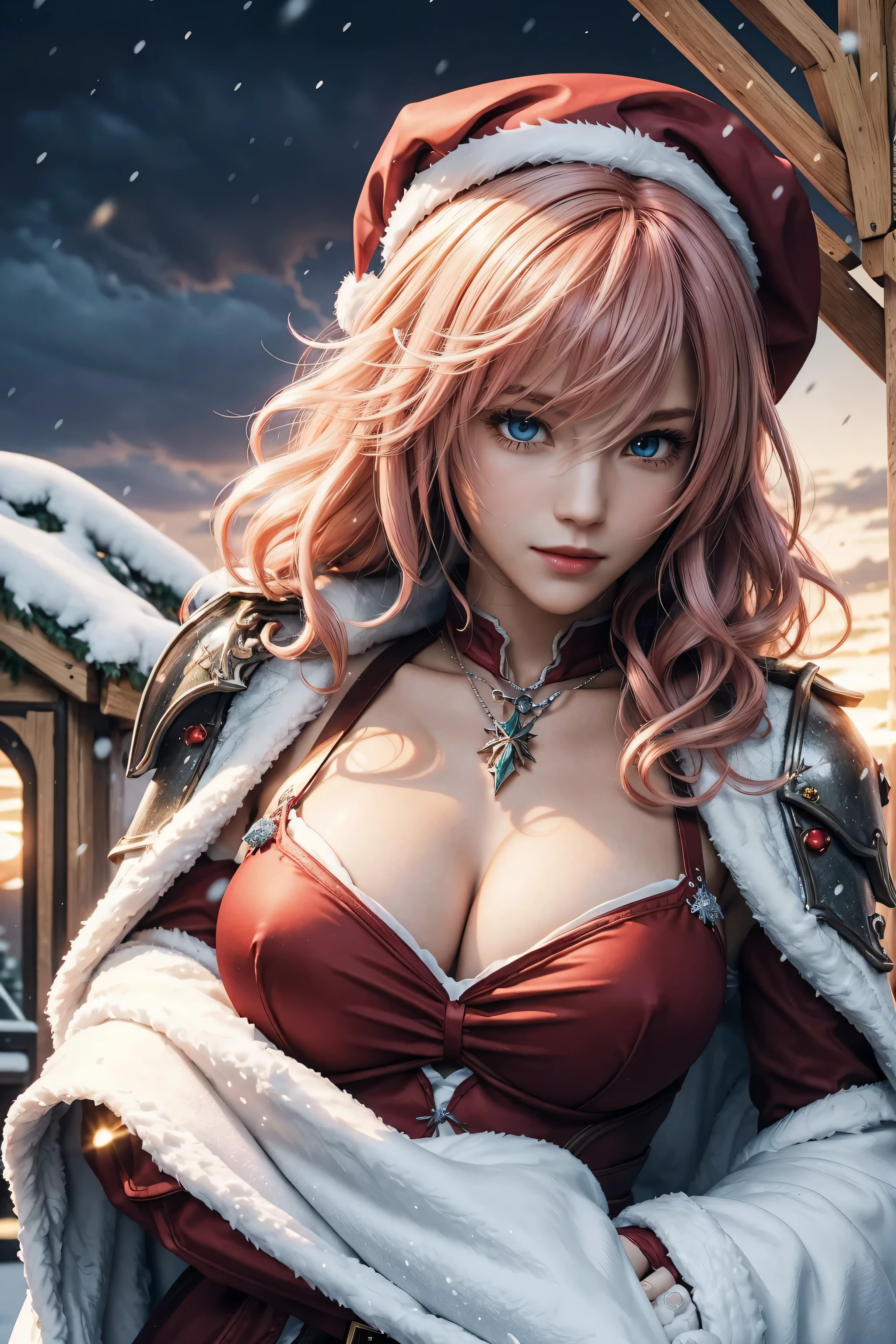 The best piece,Artistically beautiful,Lightning,Final Fantasy 13,FF1 pink blonde,Medium Hair,Light permed hair,Curly hair on one side,Letting down your bangs,A beautiful Blue eyes,beautiful and high nose,Red Santa Claus costume,Santa Claus hat,christmas armor,christmas sword,red santa claus coat,Use blizzard magic,An ultra-high picture quality,hightquality,masterpiece,Digital SLR,Detailed details,Intricate details,Based on anatomical grounds,Depicted in detail,Detailed face,realistic skin textures,Vivid details,perfect anatomia,perfect anatomia,Anatomically correct hand,Anatomically correct fingers,Super Detail,Complex 3D Rendering,Colossal tits,sexy pose,bright red claws,beautiful christmas,Beautiful sunset,Fantastic sunset,final fantasy cityscape,Fantasy worldview,Gorgeous Christmas Tree,white Christmas,neon color,Beautiful cityscape,mysterious snow scene,It's snowing,Picturesque beauty,Photograph the whole body,9 head body,Red Lip,Beautiful curly hair,Luxurious necklace,emphasize the beautiful whole body,Beautiful nails,A smile,