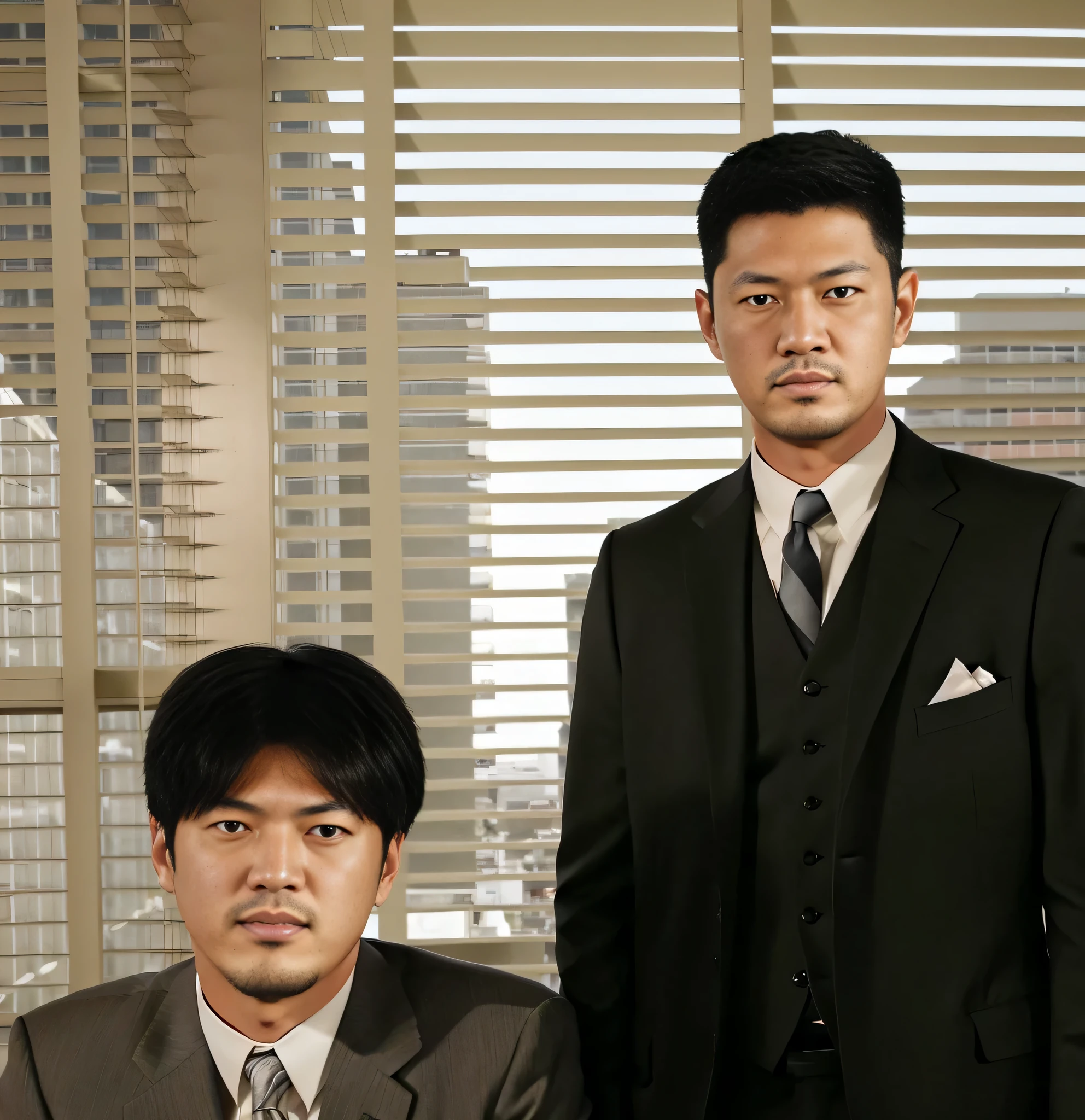 There were two men in suits standing side by side..., Katsuhiro and Inio Asano, Junji Ito and Horiyoshi III, Zeen Chin and Terada Katsuya, Fujita Goro and Jones, Jiro Matsumoto and Yusuke Murata, Shinji Higuchi and Tomoki Kyoda, Shinkiro Toshiaki Mori, With two characters...