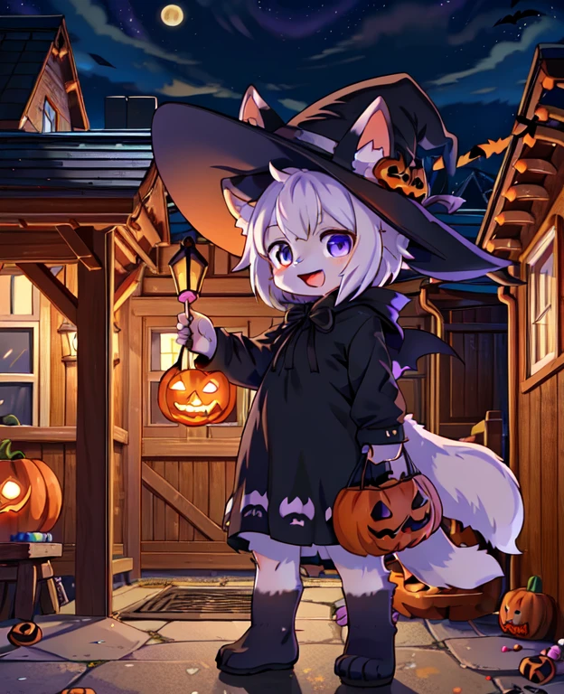 1girl, solo, witch hat, halloween, halloween theme, jack o lantern, child, :D, candy bag, standing, in front of a house, full body, night, boo quality, masterpiece, illustration, ultra-detailed:1.3), (uploaded on e621, furry, anthro, kemono:1.3),