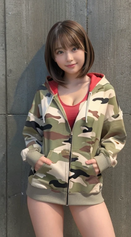 Extreme quality、Expresses skin texture to the limit、Extremely beautiful face active as a gravure idol、( girl、Extremely beautiful face, thin cheek line、a small face、big eye、cat eyes with raised corners、natural make up)(fair white skin)(sparkly eyes)、with shiny brown hair、((Very short bob、Fine hair、smooth straight hair、Hair hanging over the ears))、Beautiful exposed valley、large full breasts、thin-waist、big butts((Hoodie with cleavage zip、Red camouflage pattern、Short length))((I can see the beautiful cleavage))((Red camouflage extremely short miniskirt))red camouflage sneakers、魅惑的、bright expression、Bright smile。her fashion and expressions、The perfect balance of cuteness and elegance、draw the viewer in、Throughout this scene、express her charm to the fullest、Angle up to the knee、Standing、medium-full shot、