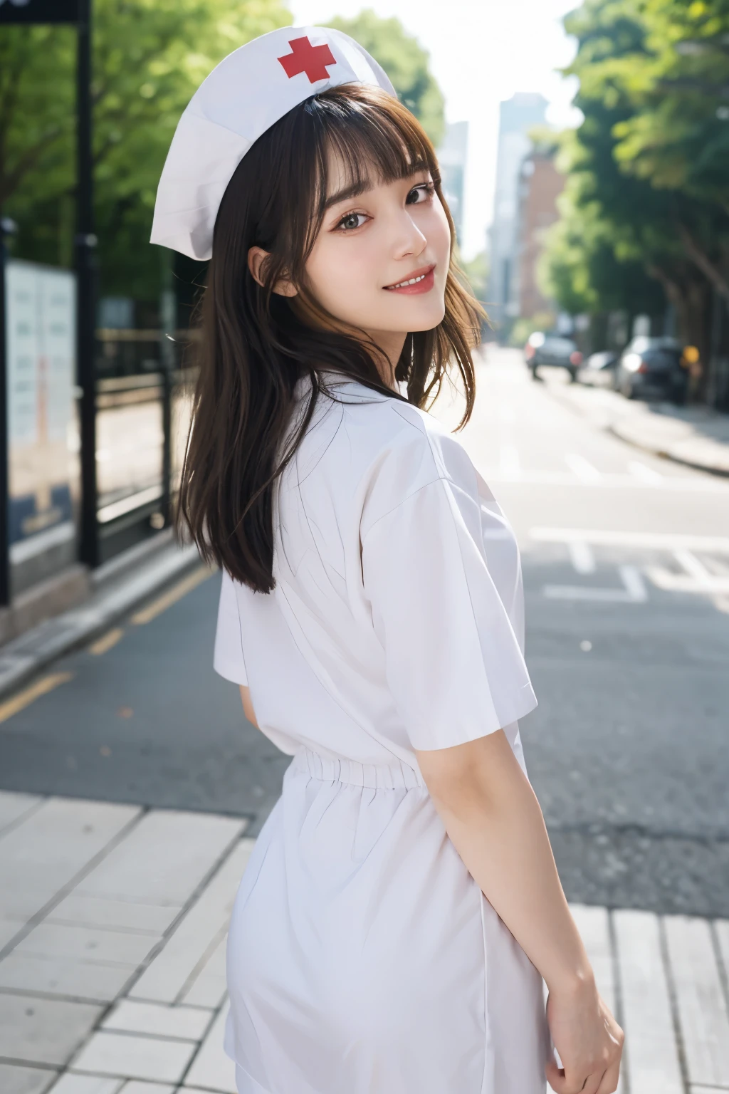 (8K、Raw photography、top-quality、masuter piece:1.2)、ultra-detailliert、ultra res、(realisitic、realisitic写真:1.37)、portlate、high-definition RAW color photography、Professional Photography、highly detailed and beautiful、ighly detailed、8K Picture Wallpaper、amazing detailed、huge filesize、Official art、Highly detailed CG Unity 8K wallpapers、highly detailed beautiful girl、ighly detailedな顔、ighly detailedな目、ighly detailedな肌、ighly detailedな指、highly detailed nose、ighly detailedな詳細な口、Perfect Anatomy、highly detailed back ground、Highly detailed clothing、女の子 1 人、(18:1.2)、、cute little女の子の面白い日本のアイドル、cute little、realisiticな体つき、小柄、de pele branca、glistning skin、Slim body、Handsome body、brown haired、tied long hair(Blunt bangs:1.2)、A smile、kawaii、zora々Right、kawaii faces、Lifelike face、Delicat eyes、Sauce order、White shirt、skirt by the、耳环、Looking at the camera、cowboy  shot、front facing、Contrapo, high street,  动态照明,((((White nurse))))、hospitals、hospitals部屋、nurse's outfit、Hats