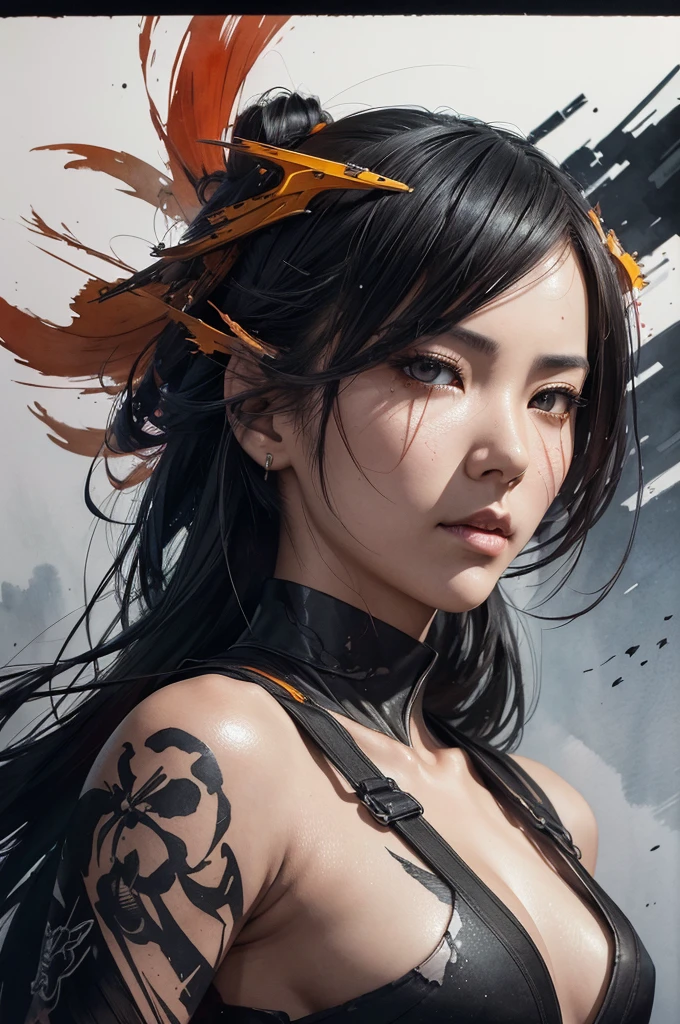 face portrait of MeiyuCipher 1girl orange spike aura in motion, damaged chinese clothes, floating pieces, trending on artstation, sharp focus, intricate details, highly detailed, detailed face (ink and watercolor painting, brushstrokes, by Russ Mills and Yoji Shinkawa) best quality, absurdres, (negative space) ,